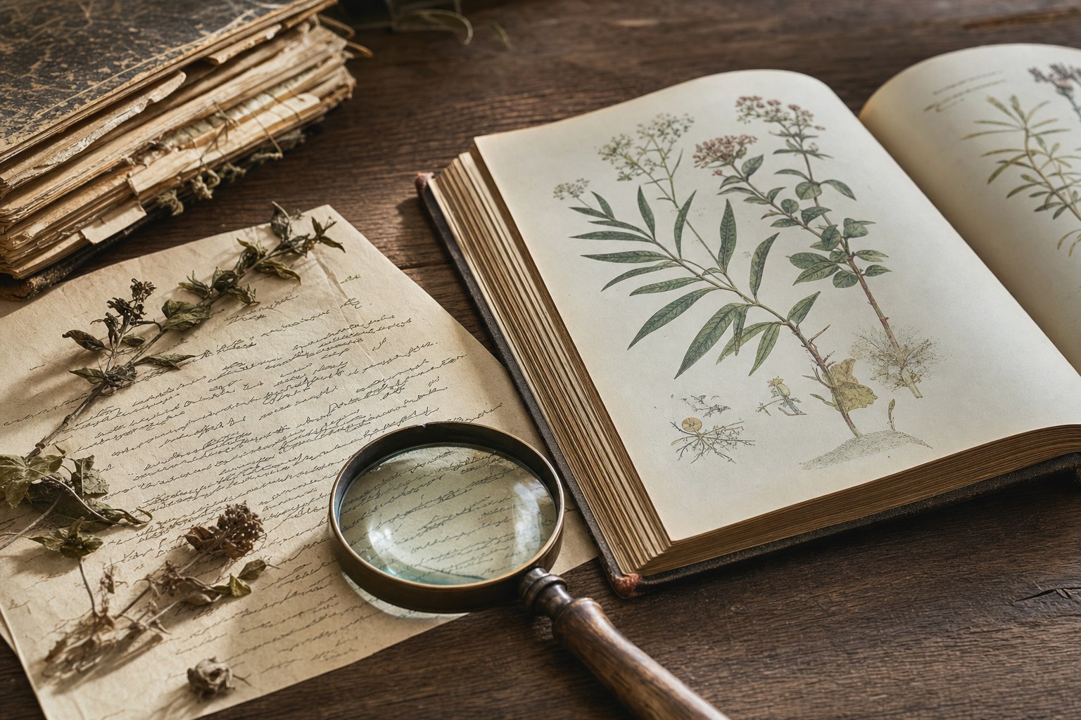 Botanical illustration book and magnifying glass on a historic study desk