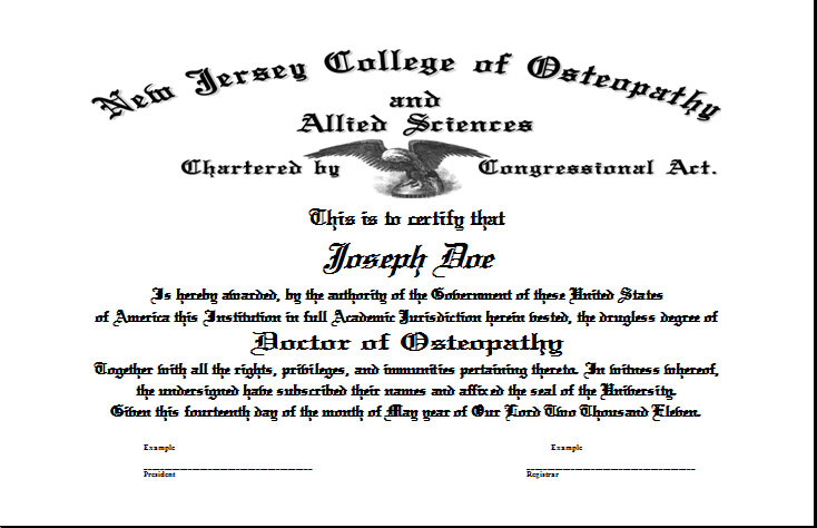 Historic Doctor of Osteopathy diploma from the New Jersey College of Osteopathy