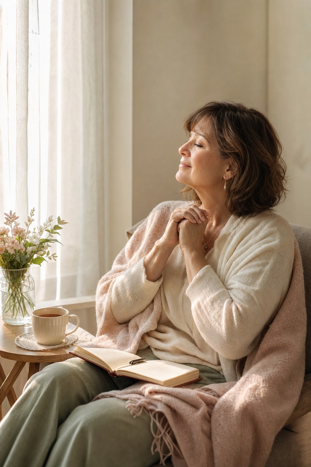 Woman enjoying a quiet moment of reflection near a sunny window