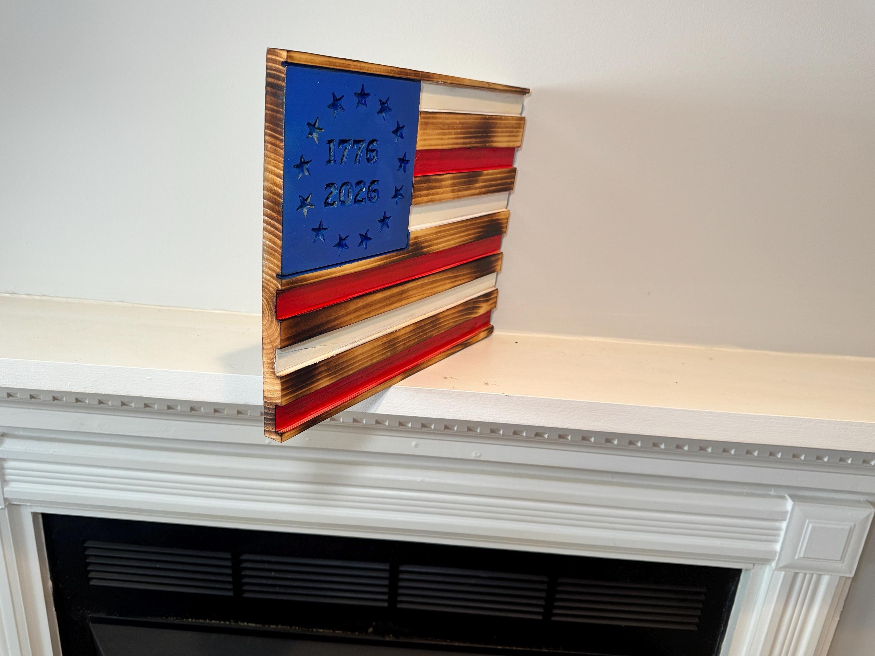 Betsy Ross Flag, Rustic Wood with CNC-Carved American Details, view 8