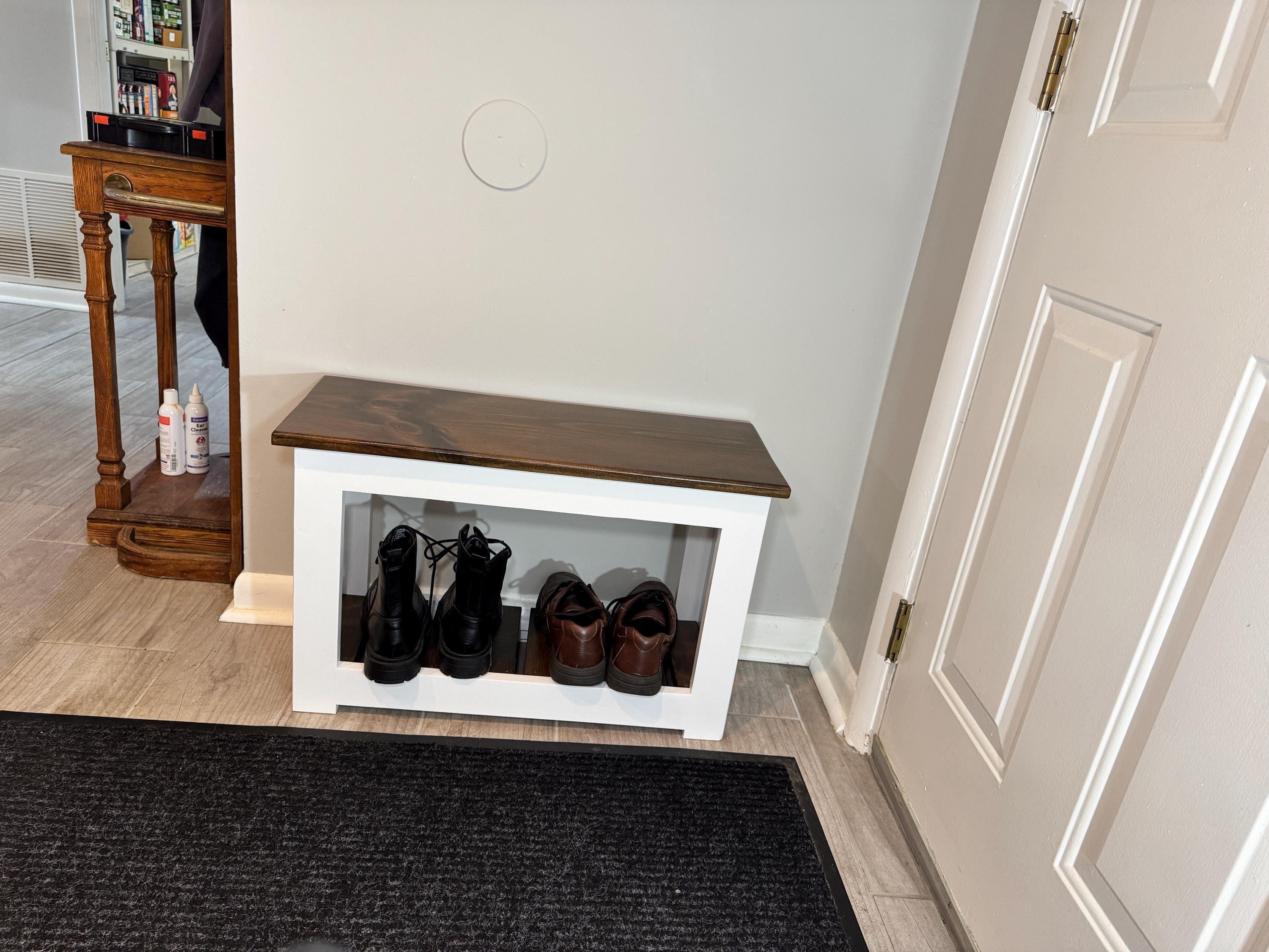 Small Farmhouse Entryway Bench, Compact Wood Shoe Bench for Apartments, Mudroom Seating with Storage, view 6