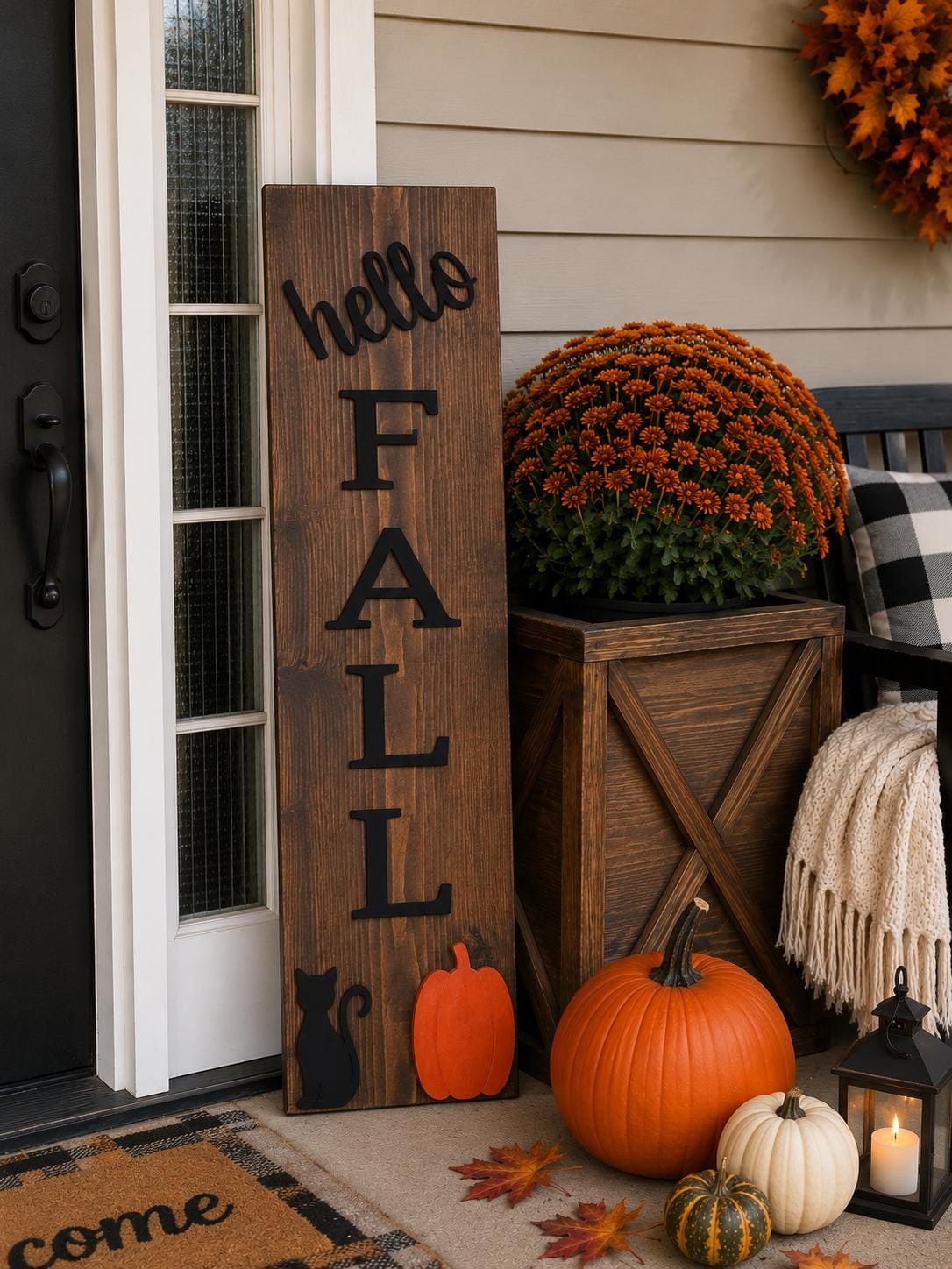 Mudroom Bench Sign, Rustic Wooden Porch Decor with Recessed Black FALL Lettering, view 12