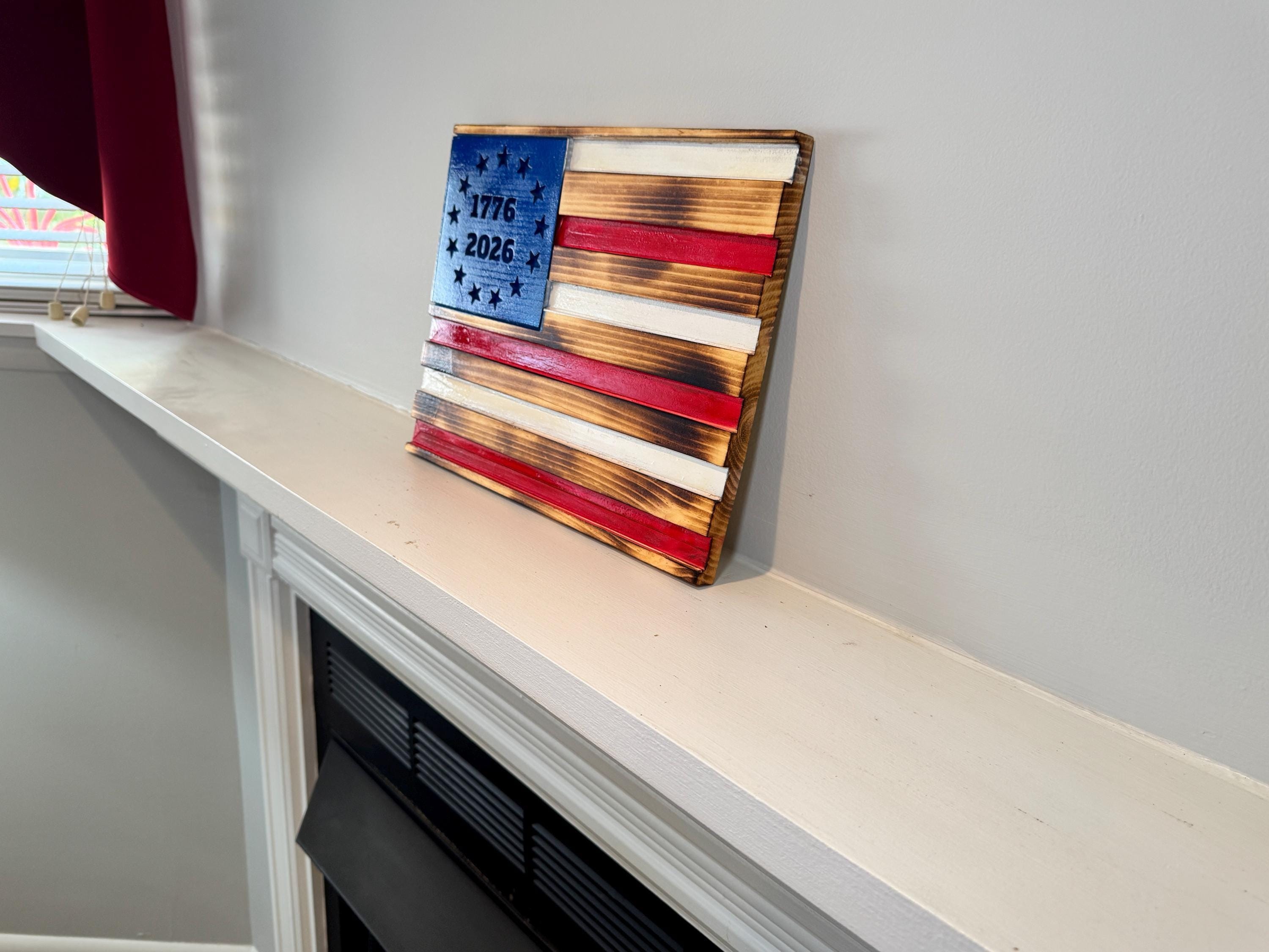 Betsy Ross Flag, Rustic Wood with CNC-Carved American Details, view 4