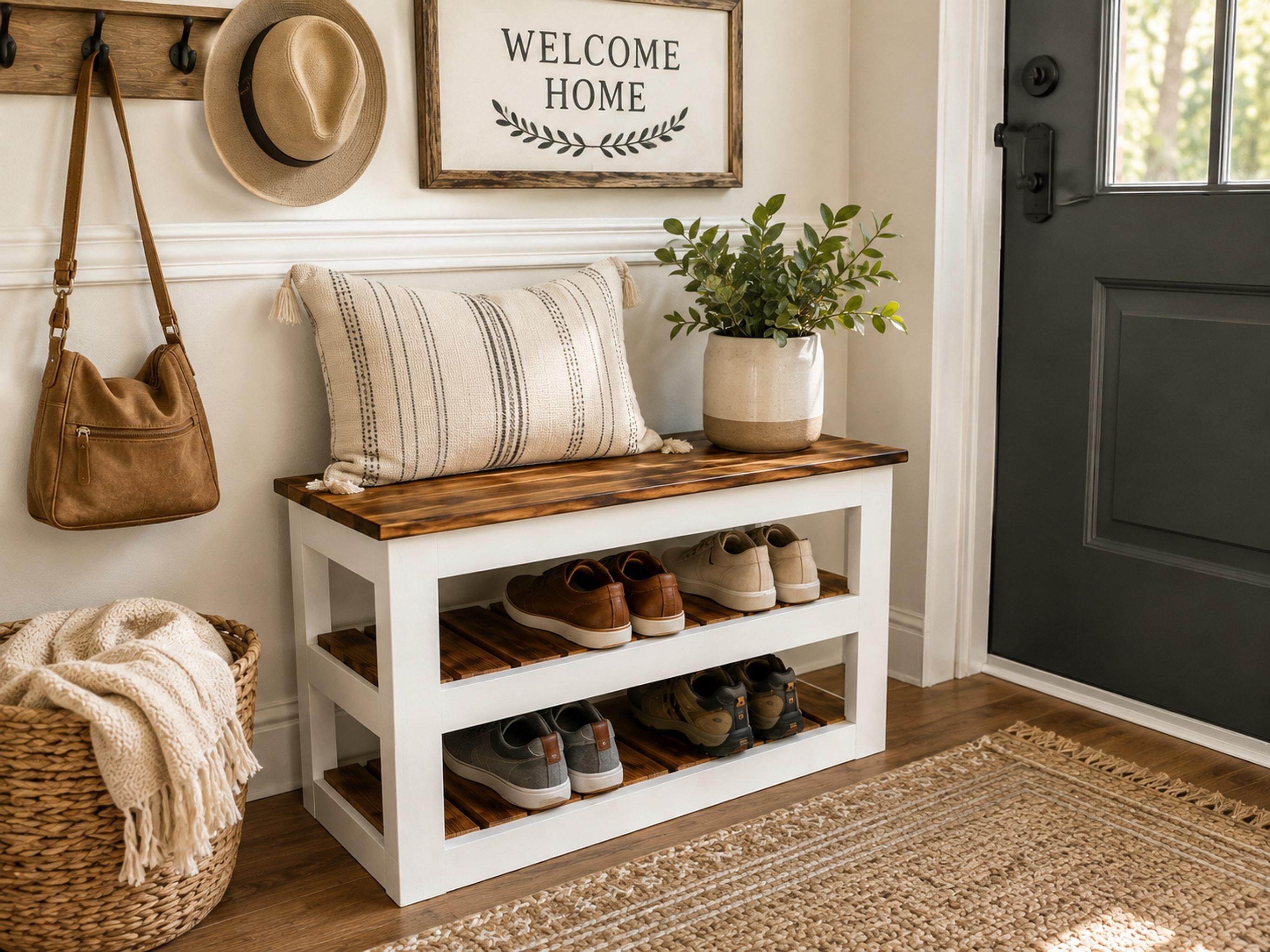 Mudroom Bench, Solid Wood Seat With Two Shoe Shelves | White Farmhouse Frame, view 3