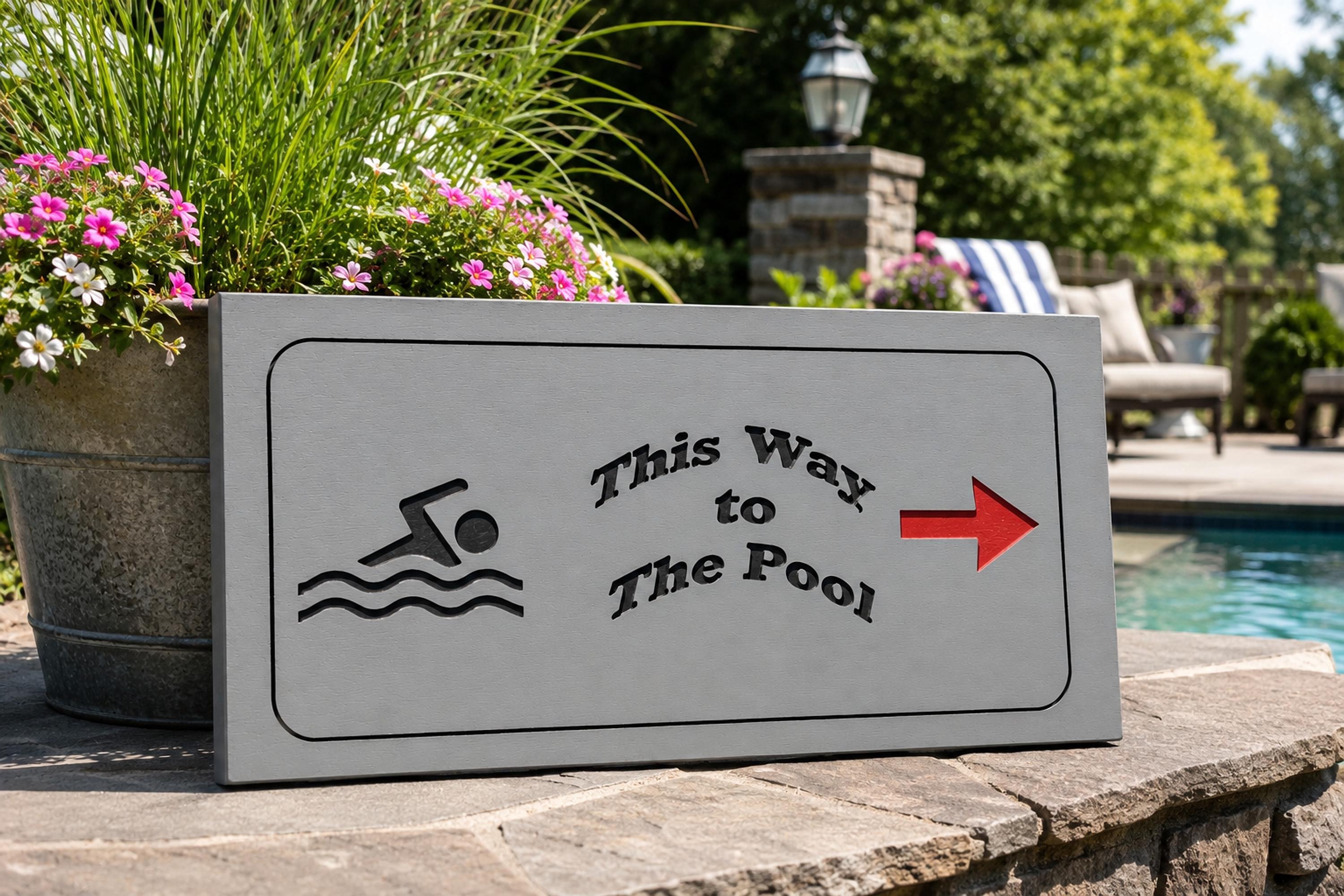 Directional Sign, Pine Pool Marker with Red Arrow and Swimmer Graphic, view 5