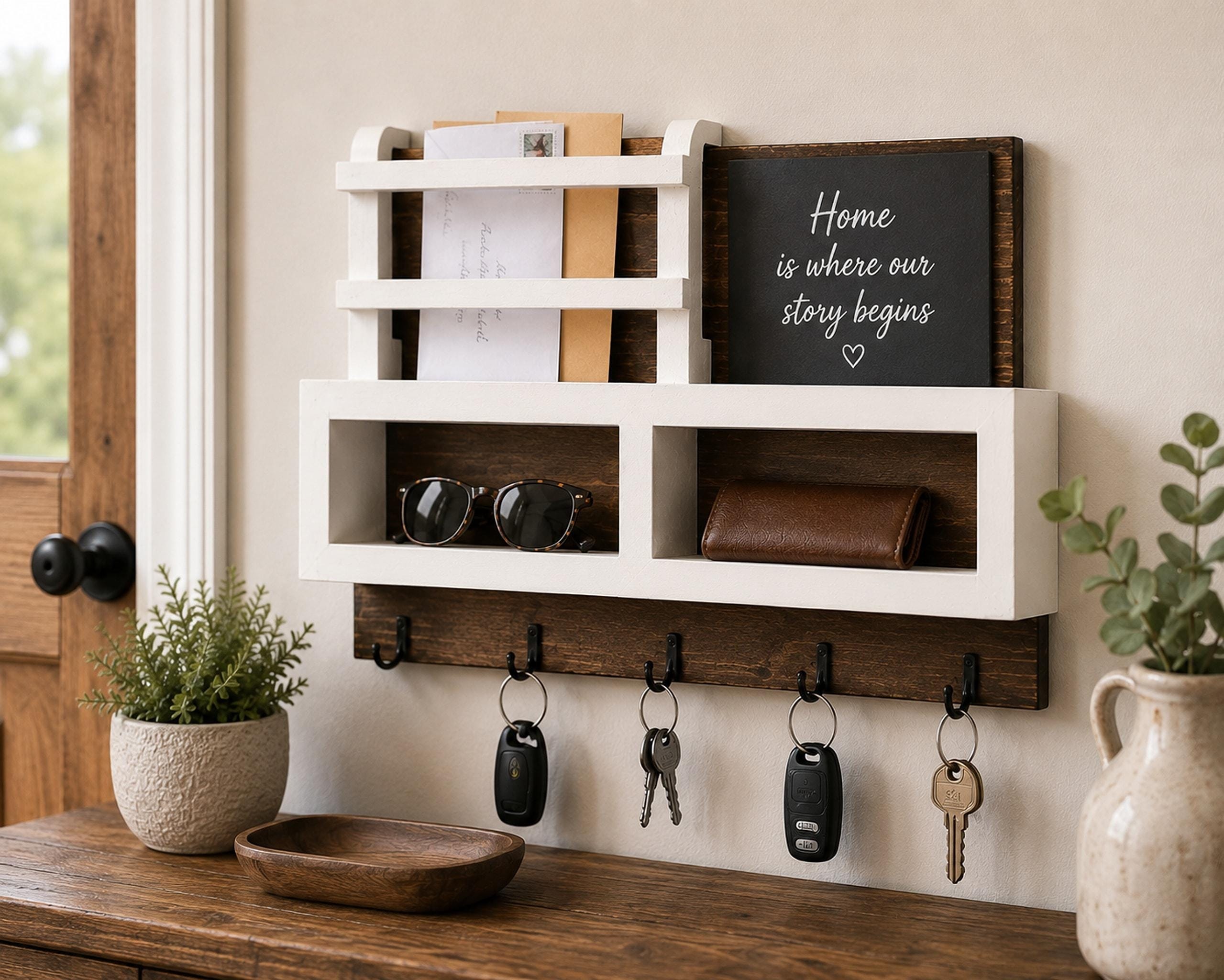 Entryway Organizer, 16-Inch Rustic Wood Wall Storage with Key Hooks, view 2