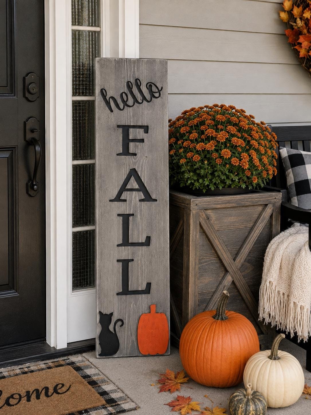 Mudroom Bench Sign, Rustic Wooden Porch Decor with Recessed Black FALL Lettering, view 11