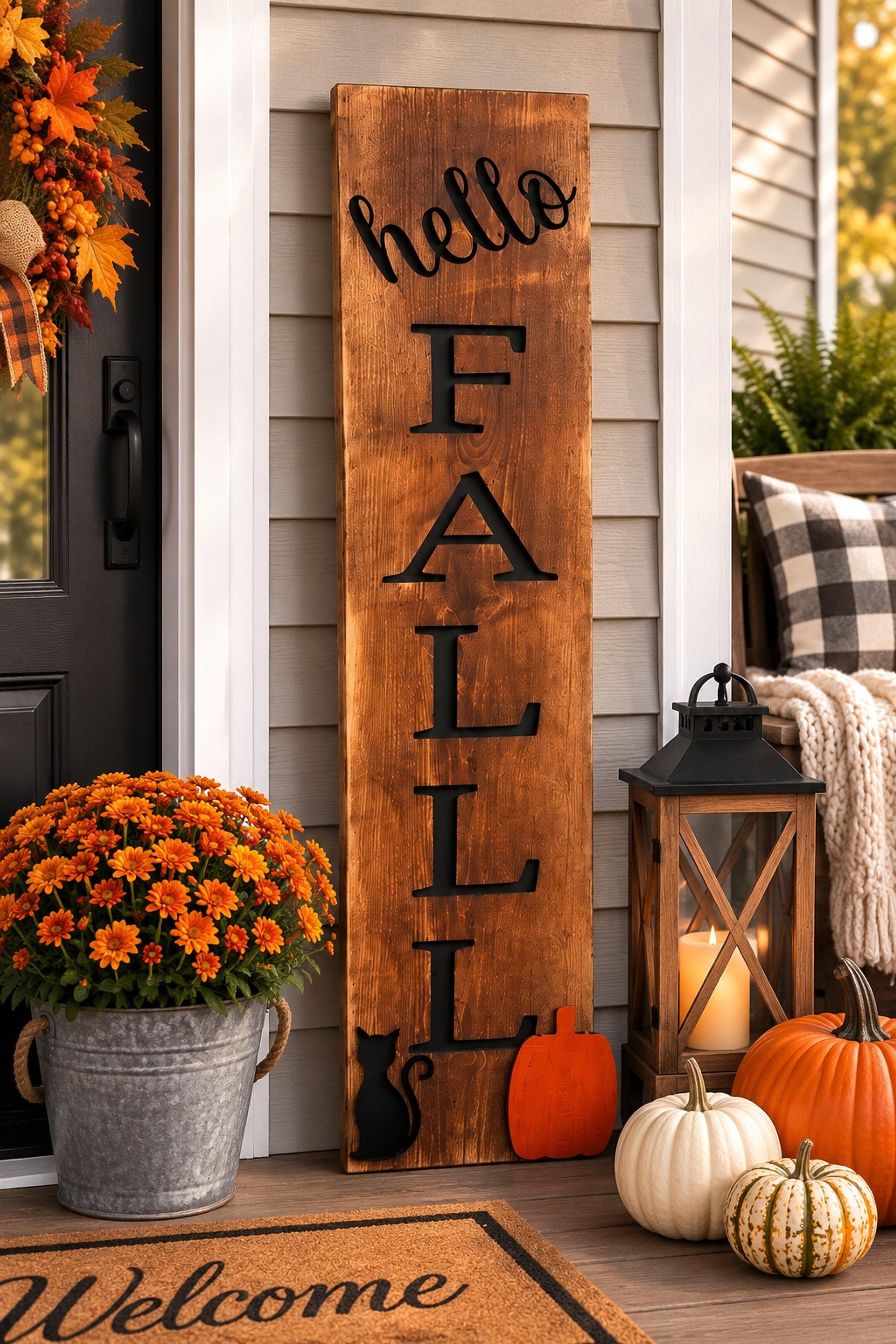 Mudroom Bench Sign, Rustic Wooden Porch Decor with Recessed Black FALL Lettering, view 2