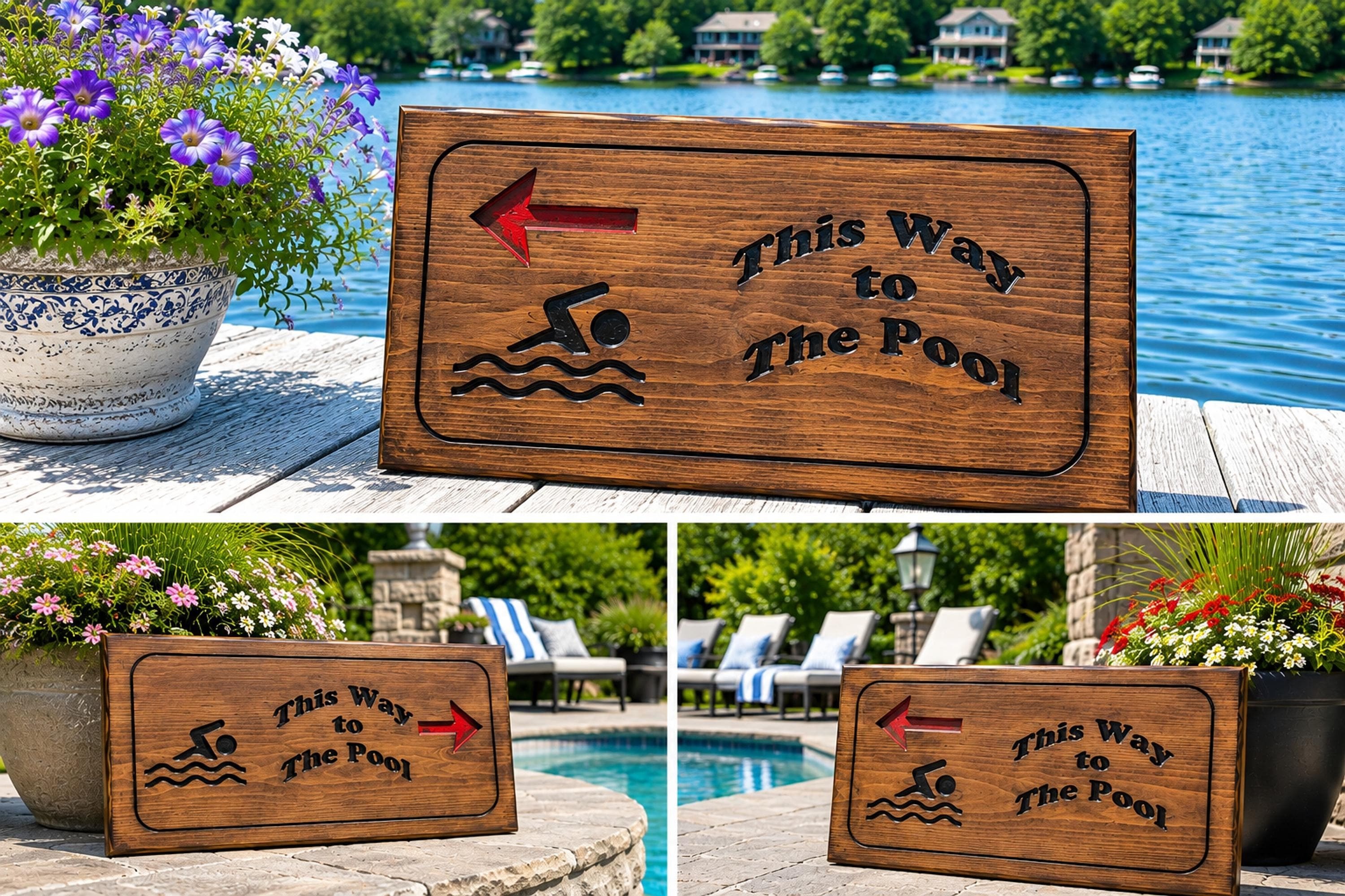 Directional Sign, Pine Pool Marker with Red Arrow and Swimmer Graphic, view 3