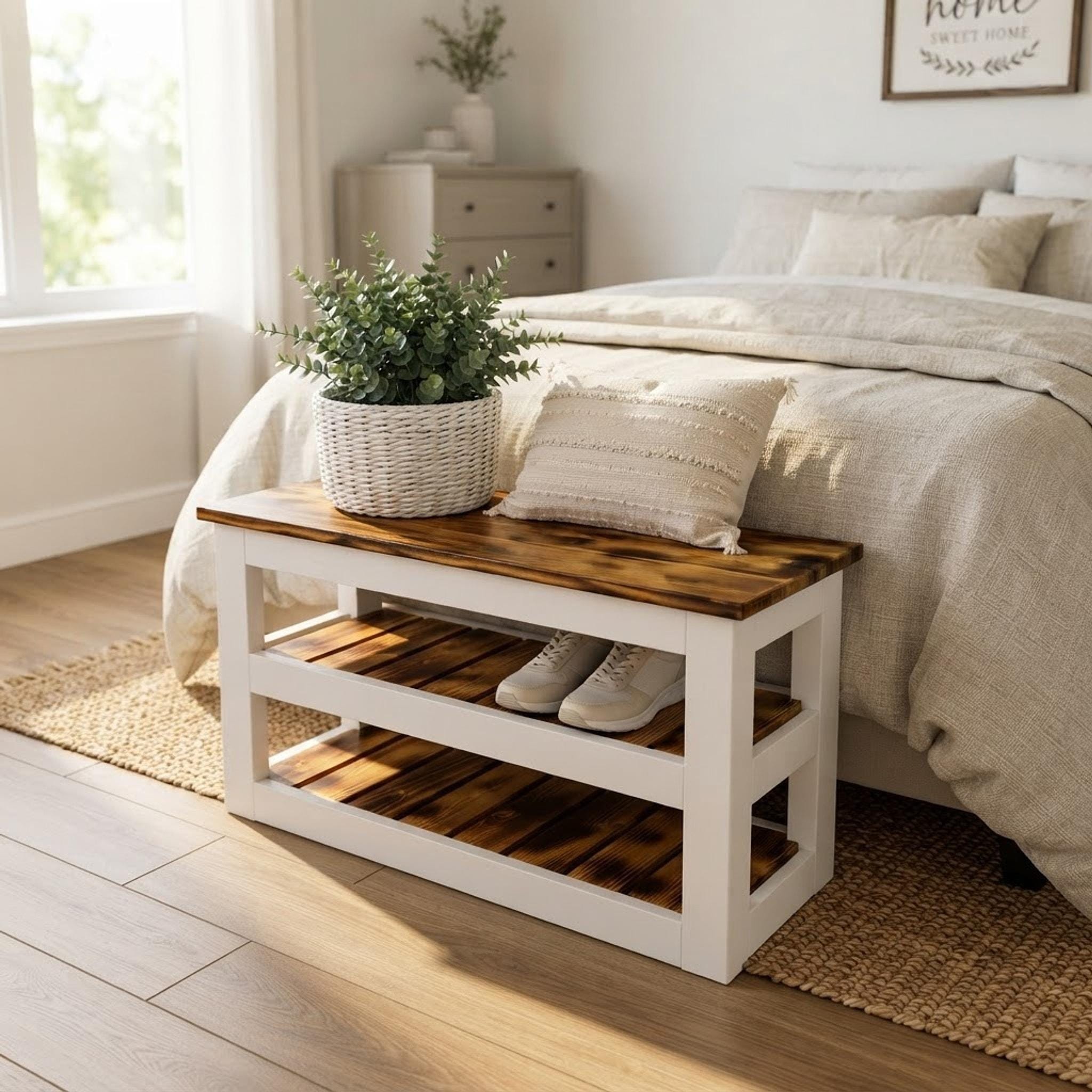 Rustic Bench, White Frame, Solid Wood Seat with Two Open Shelves, view 12