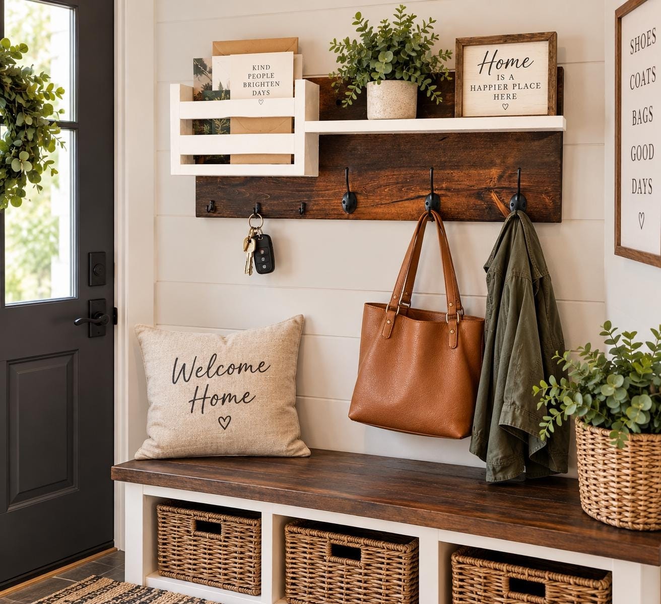 Solid wood entryway wall organizer with shelf, mail holder, and hooks