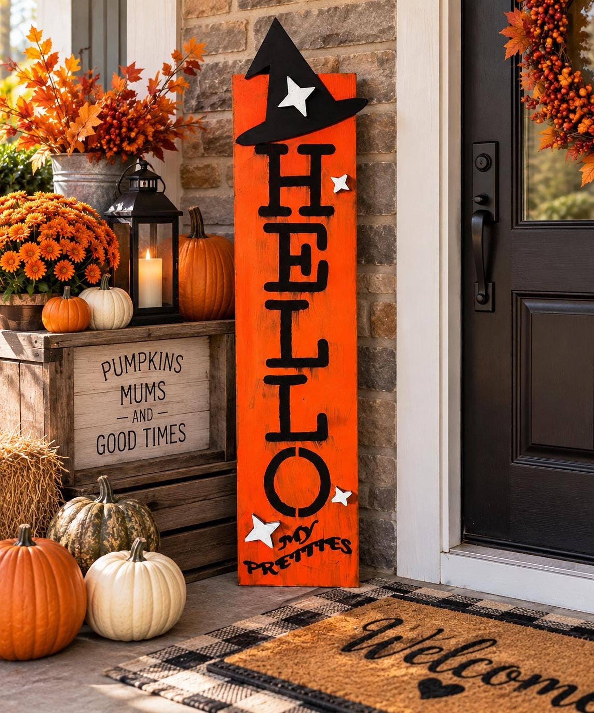 Porch Leaner, 50-Inch Solid Pine Rustic Halloween Sign With Witch Hat, view 9