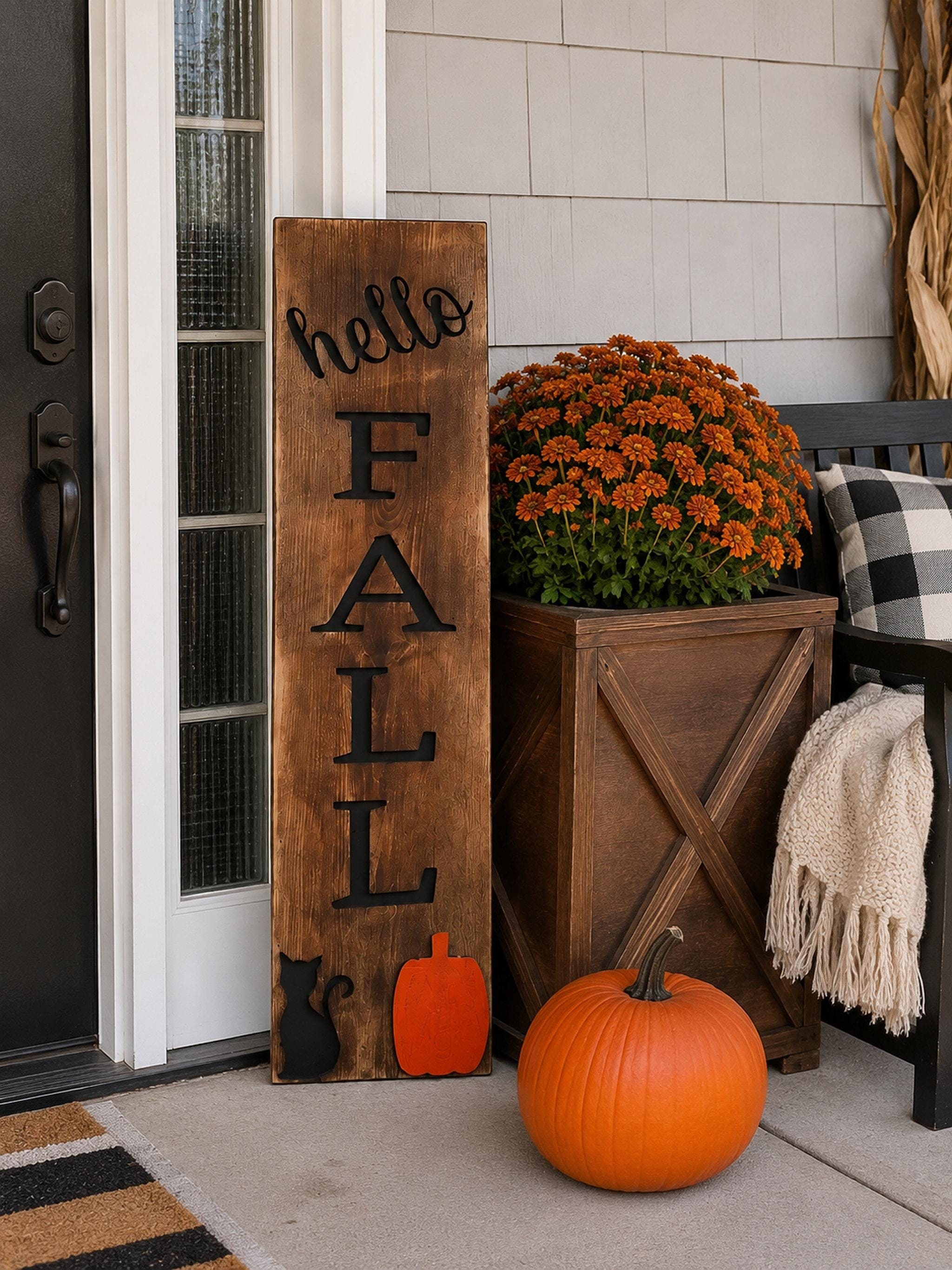 Mudroom Bench Sign, Rustic Wooden Porch Decor with Recessed Black FALL Lettering