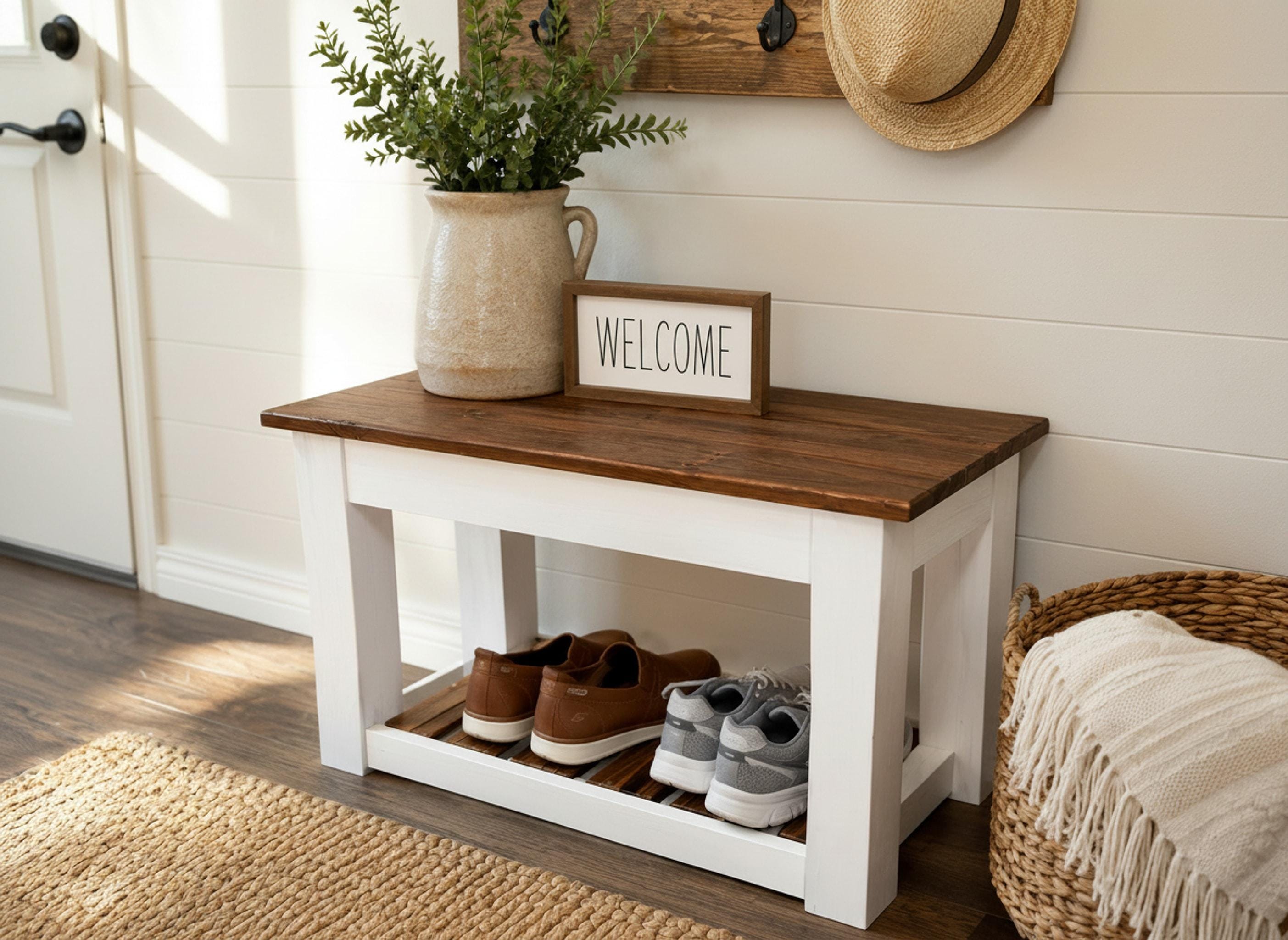 Mudroom Bench, Solid Wood Storage with Hinged Seat and Shoe Rack, view 11