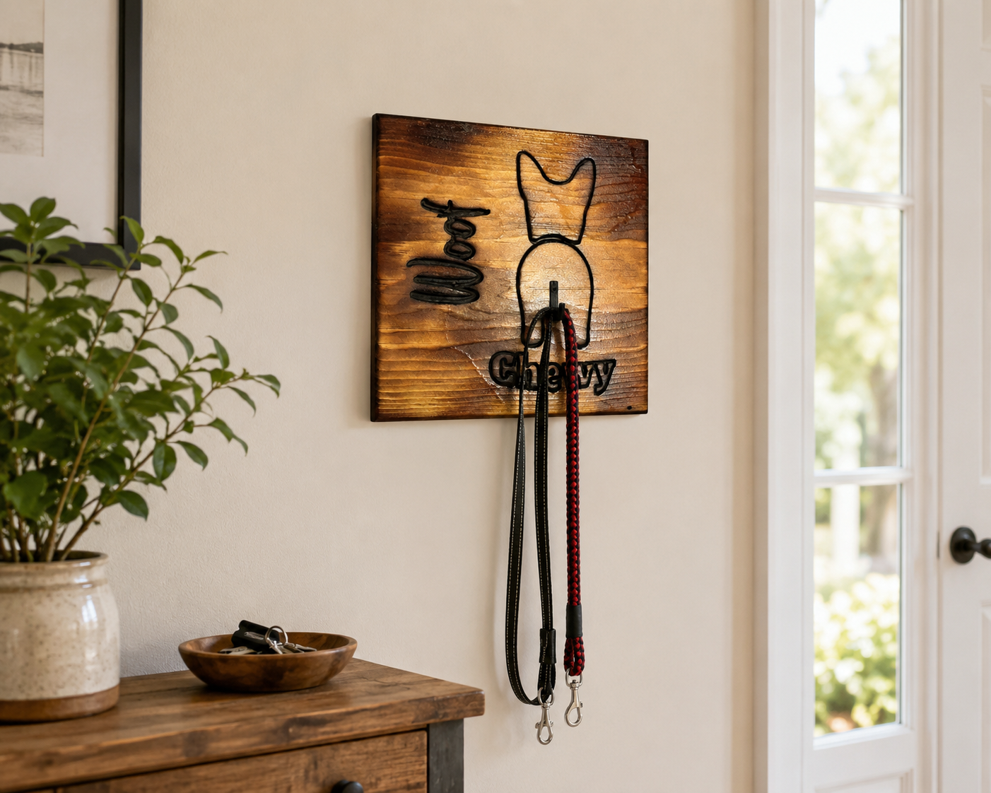 Personalized Dog Leash Holder with Rustic Design and Custom Name