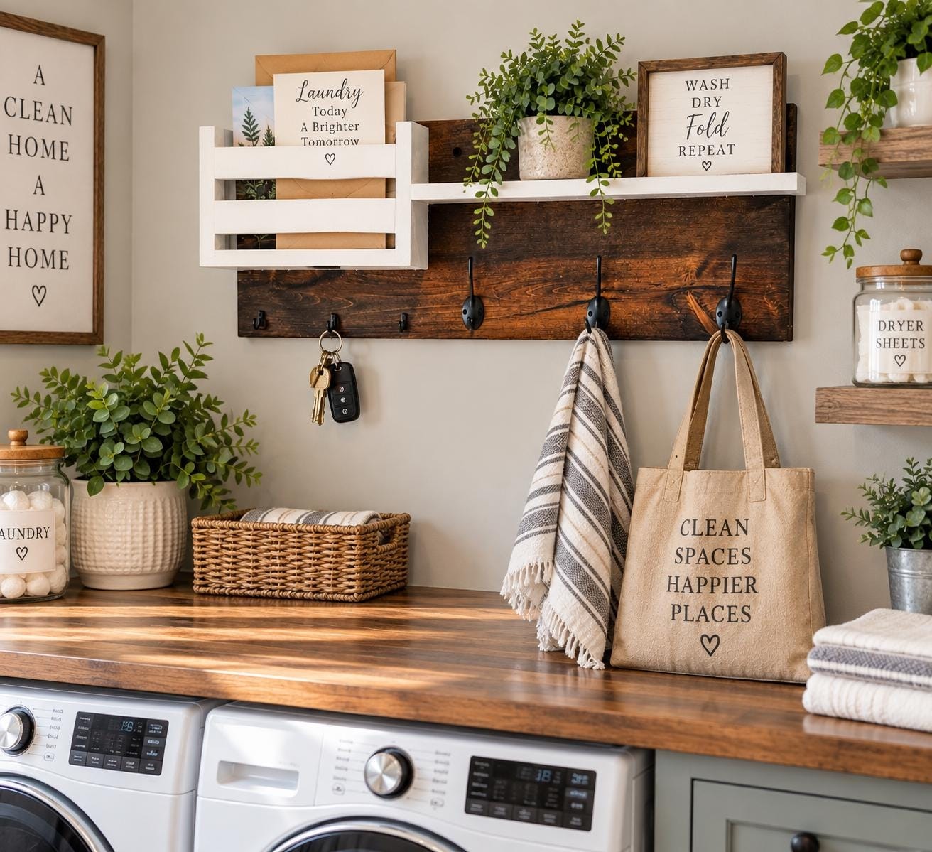 Detail view of a rustic wall organizer with shelf and hooks