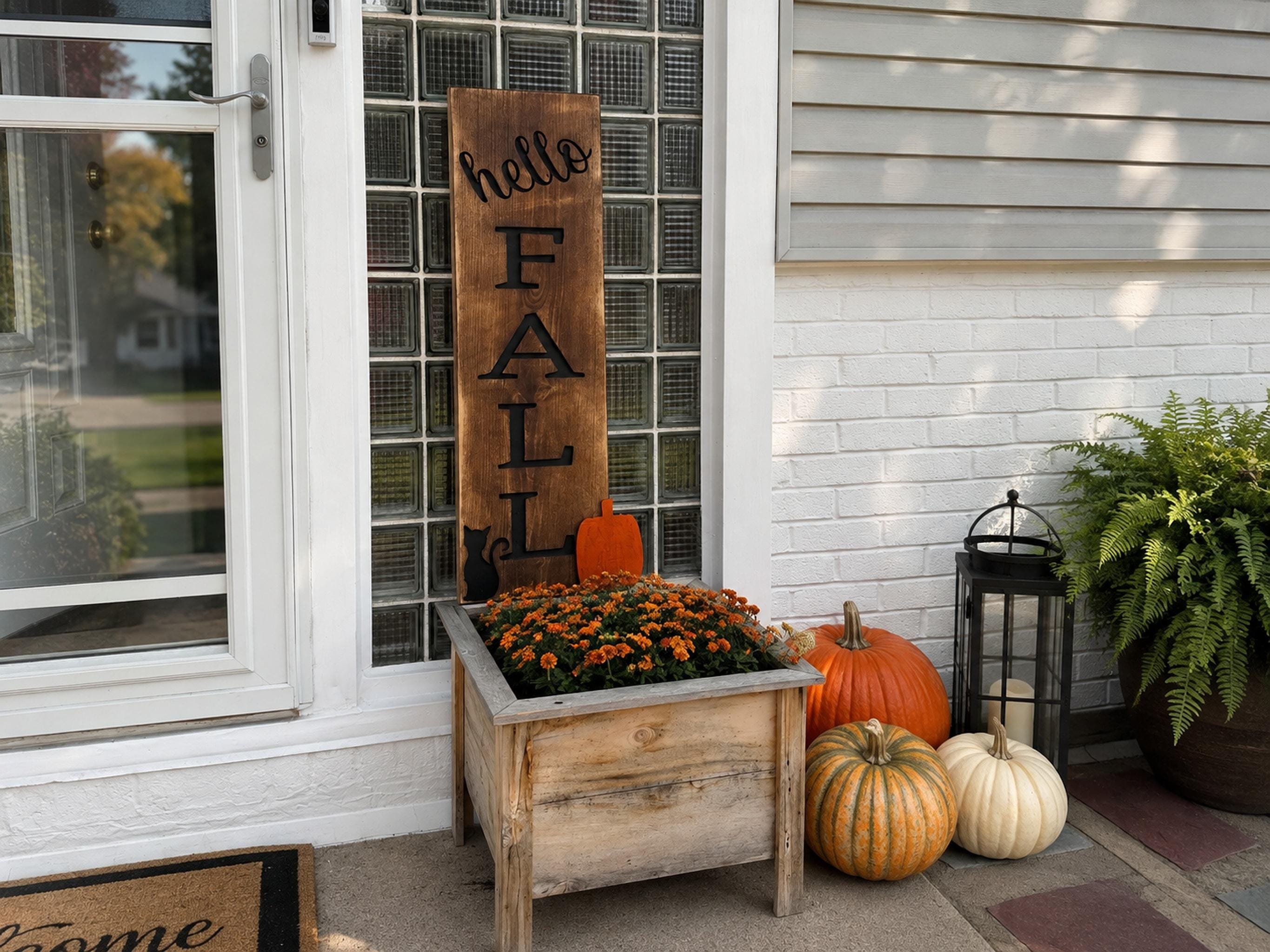 Mudroom Bench Sign, Rustic Wooden Porch Decor with Recessed Black FALL Lettering, view 4