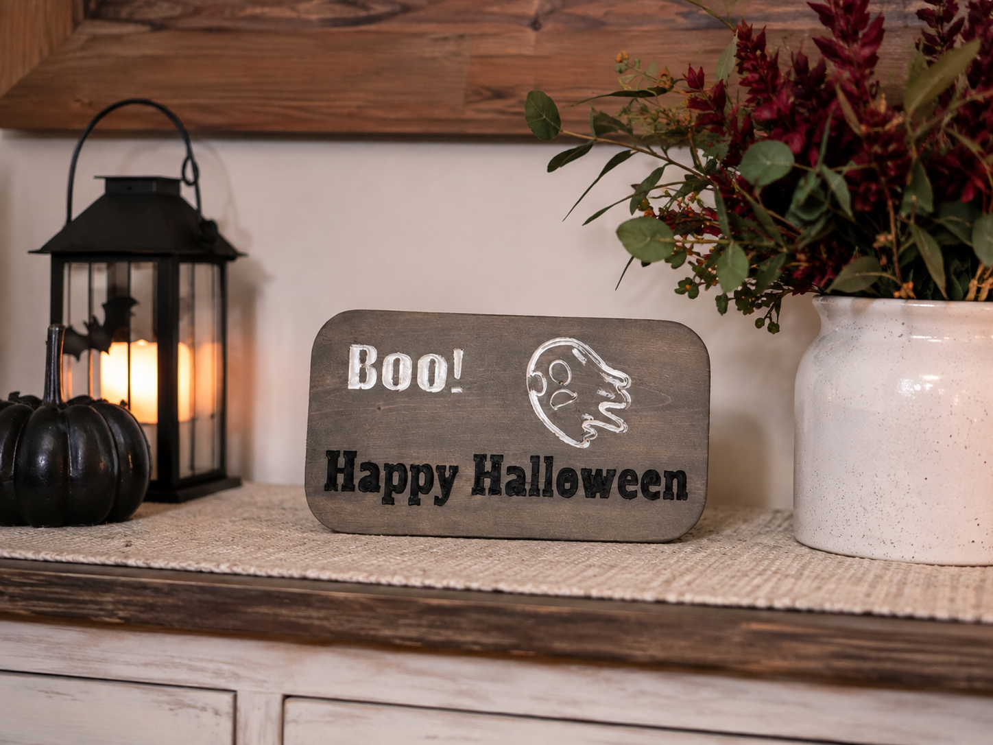 Wood Halloween Sign, Grey Ghost Plaque | 8″ x 16″ x 3/4″ Rustic Decor, view 2