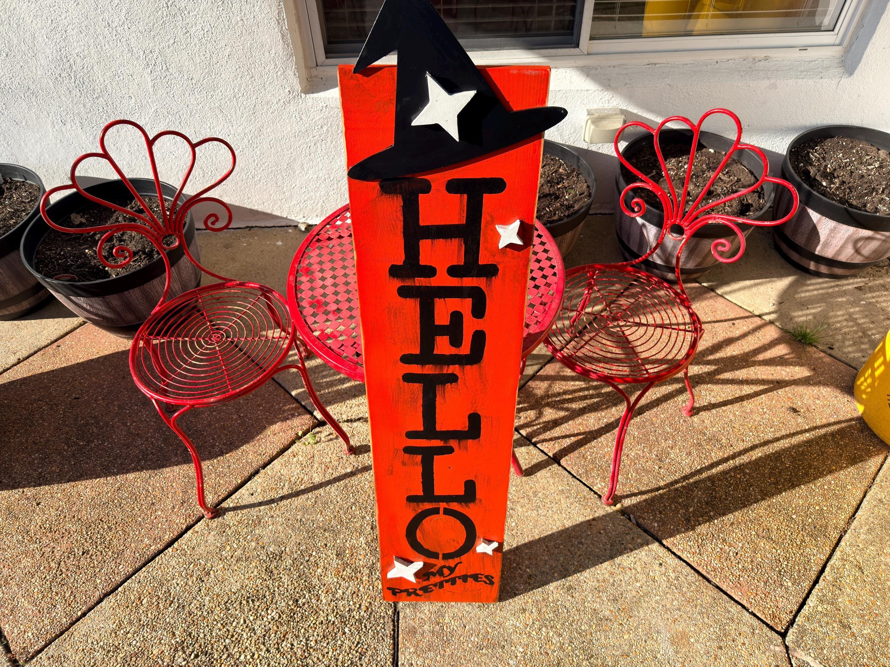 Witch Porch Sign, 50-Inch Solid Pine Orange Halloween Leaner, view 3