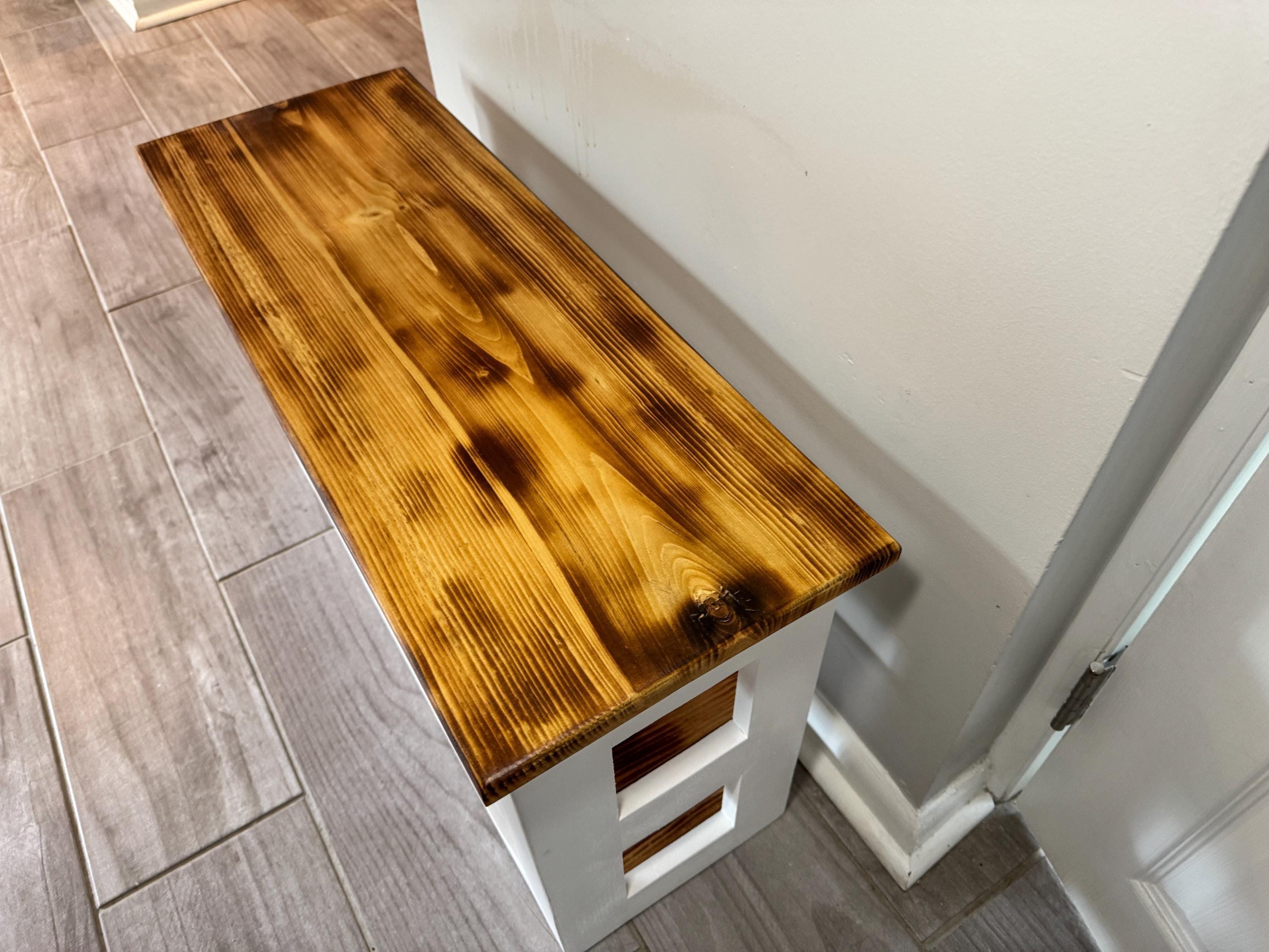 Rustic Bench, White Frame, Solid Wood Seat with Two Open Shelves, view 8