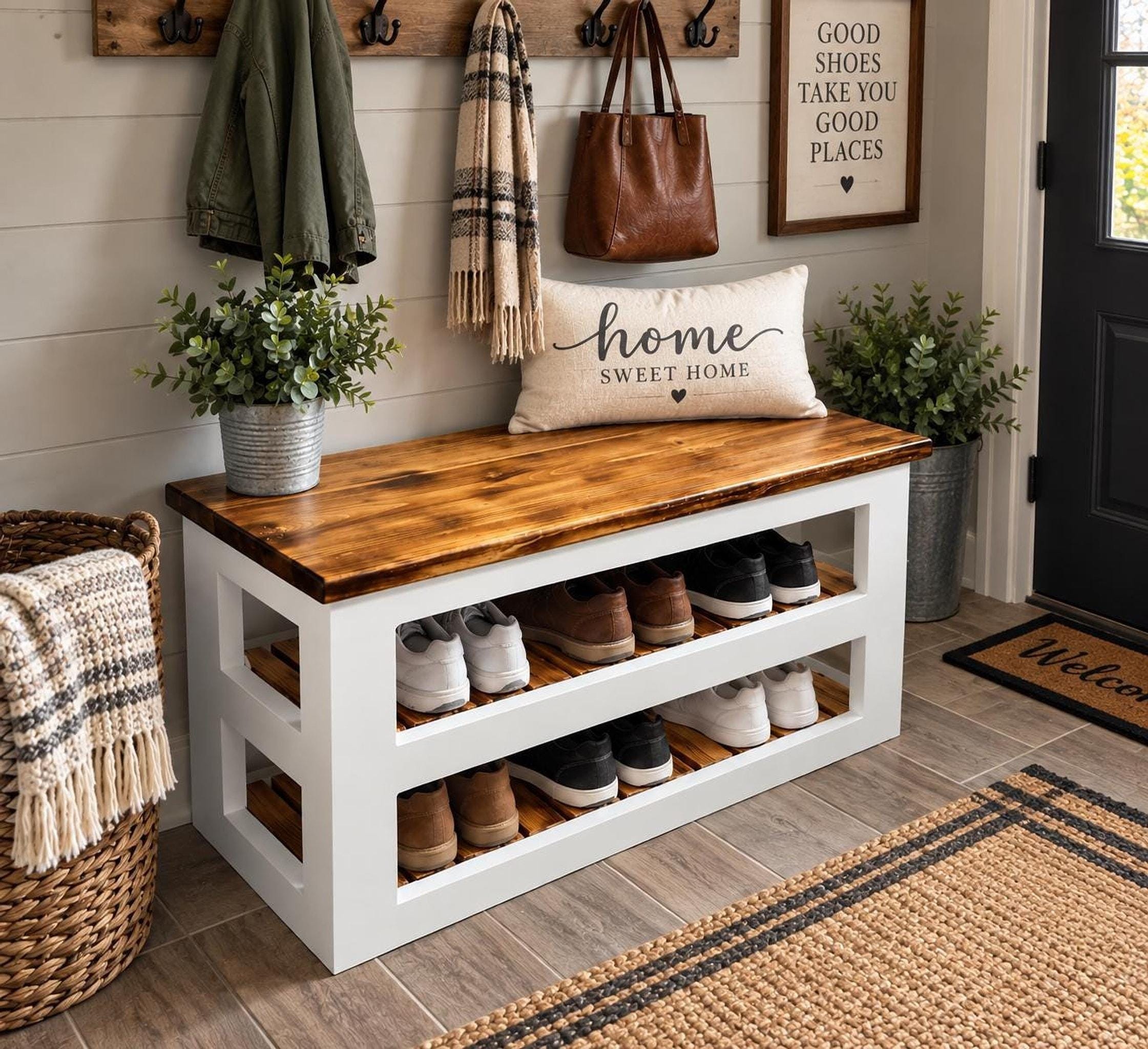 Wooden Shoe Bench, White Painted Frame with Two Open Shelves