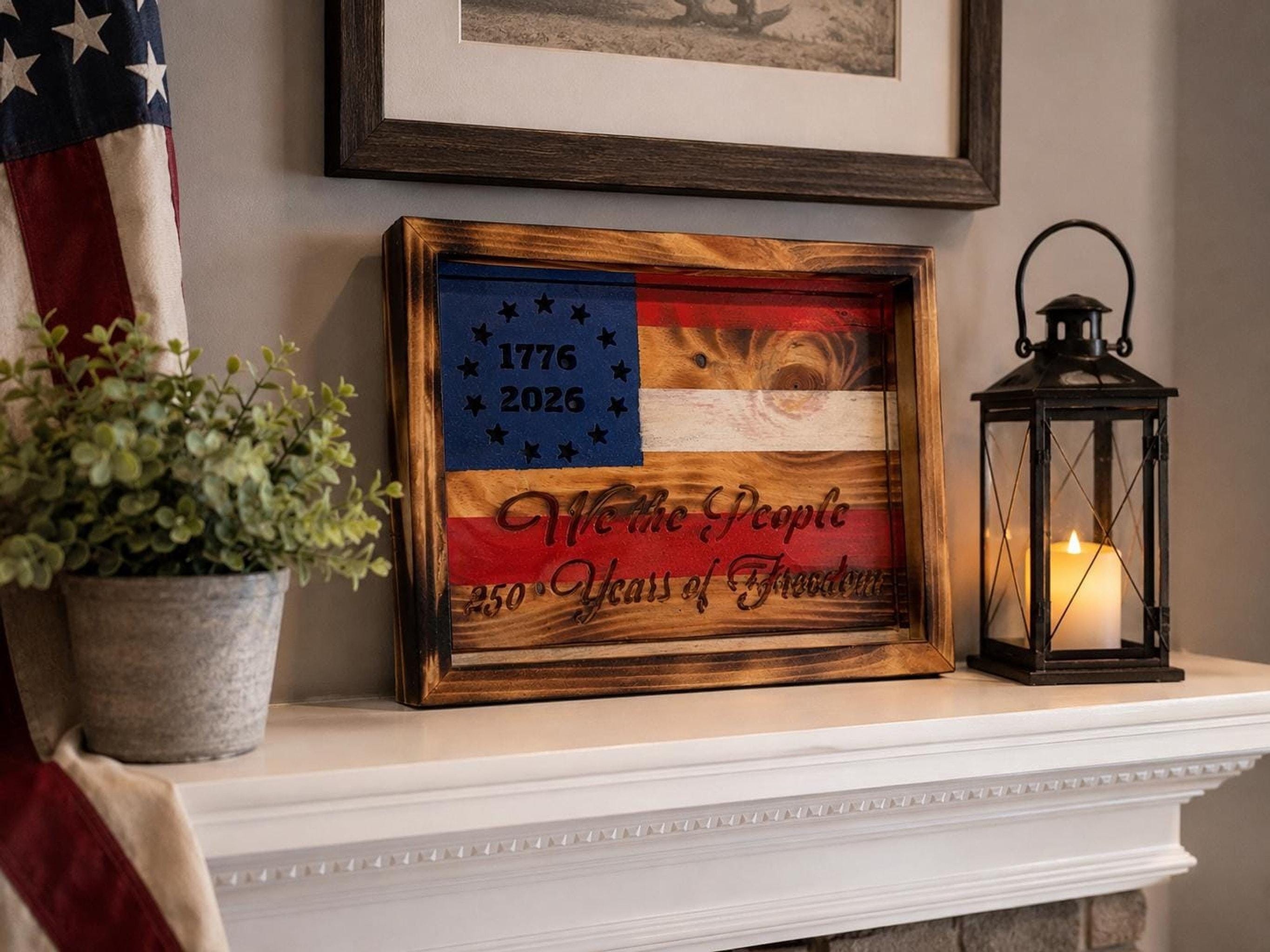 Betsy Ross Flag, Rustic Wood with CNC-Carved American Details, view 12