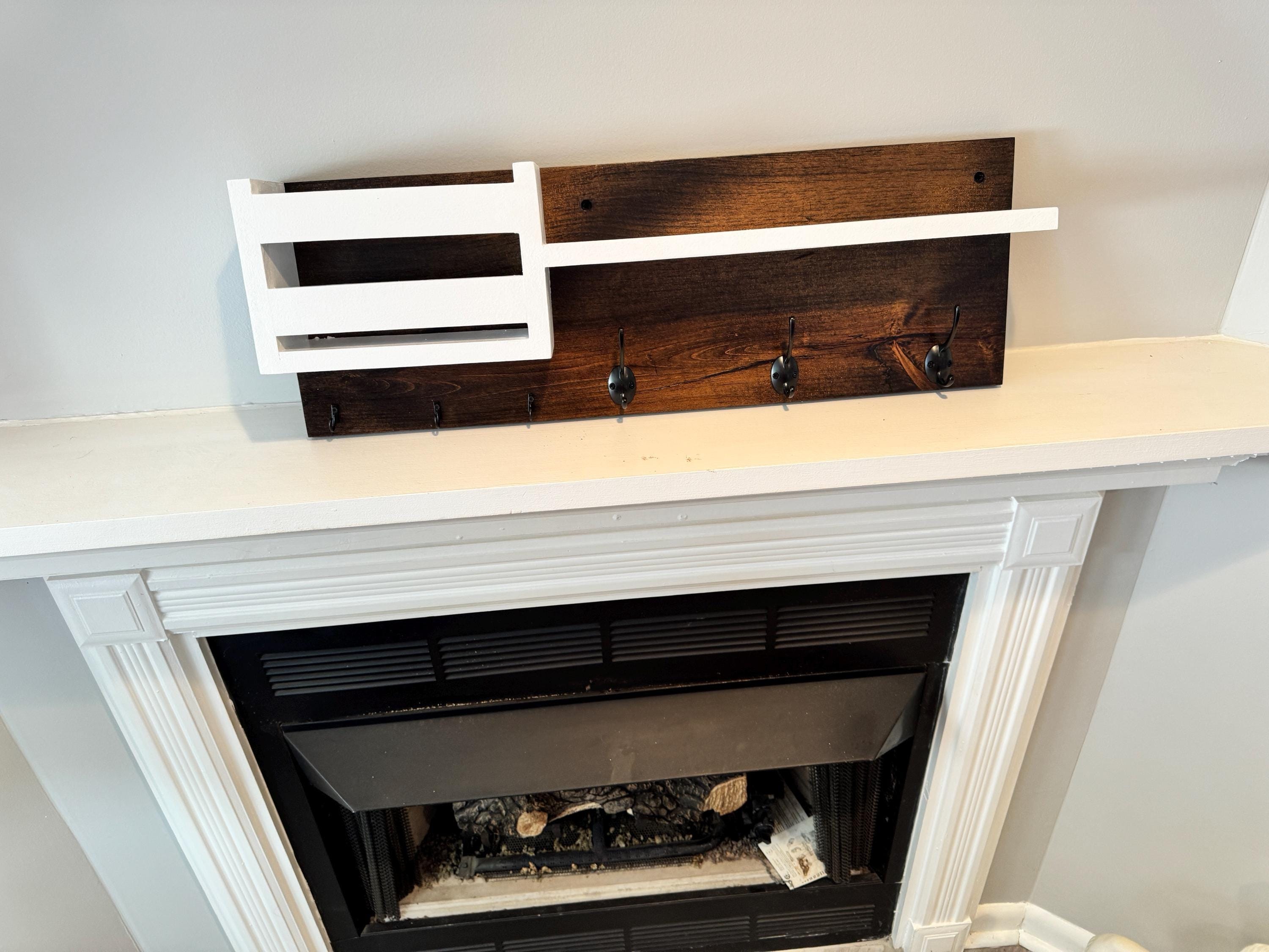 Wall Mounted Shelf, Walnut-Stained Solid Wood Entryway Organizer with Mail Holder and Hooks, view 5