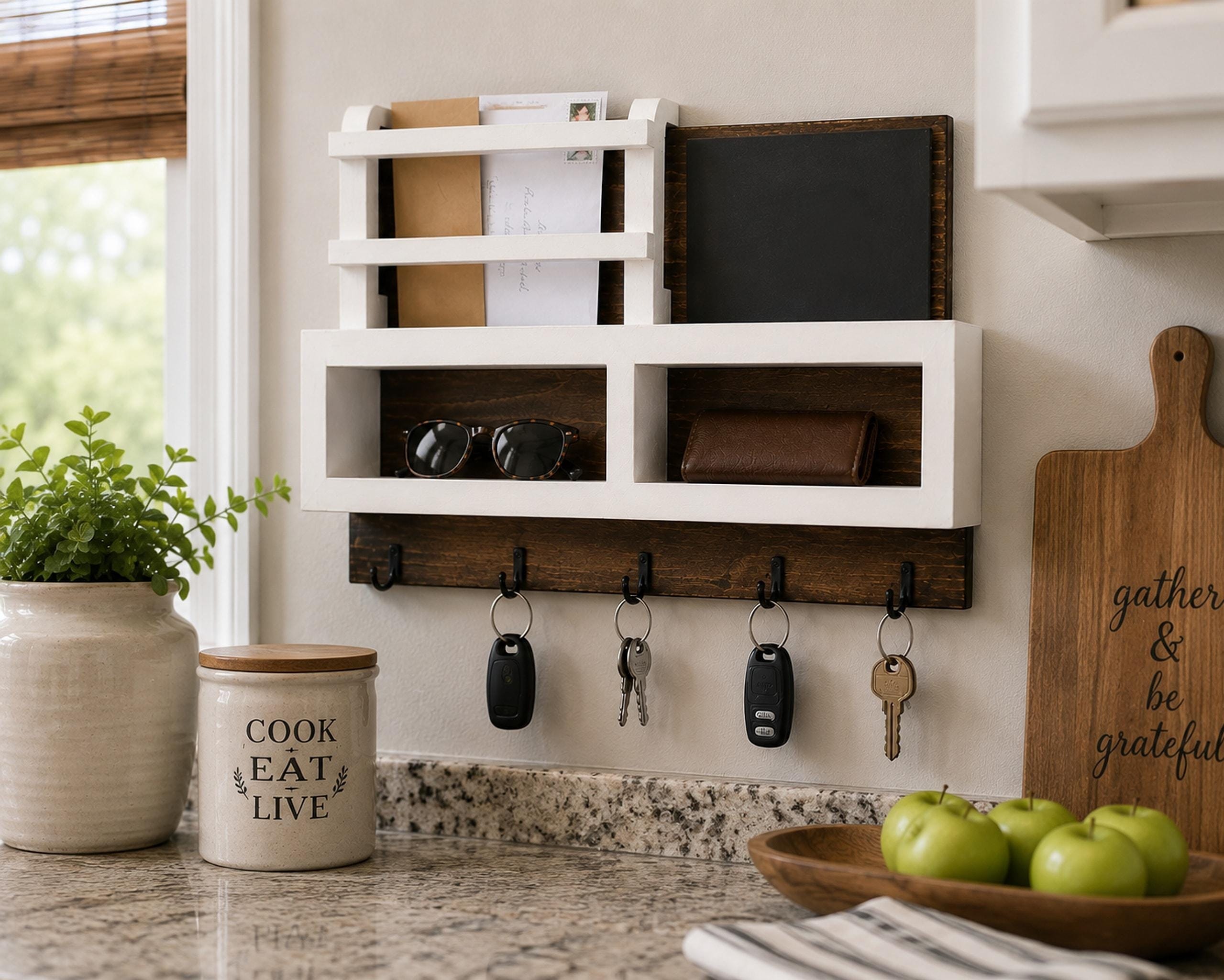 Entryway Organizer, 16-Inch Rustic Wood Wall Storage with Key Hooks