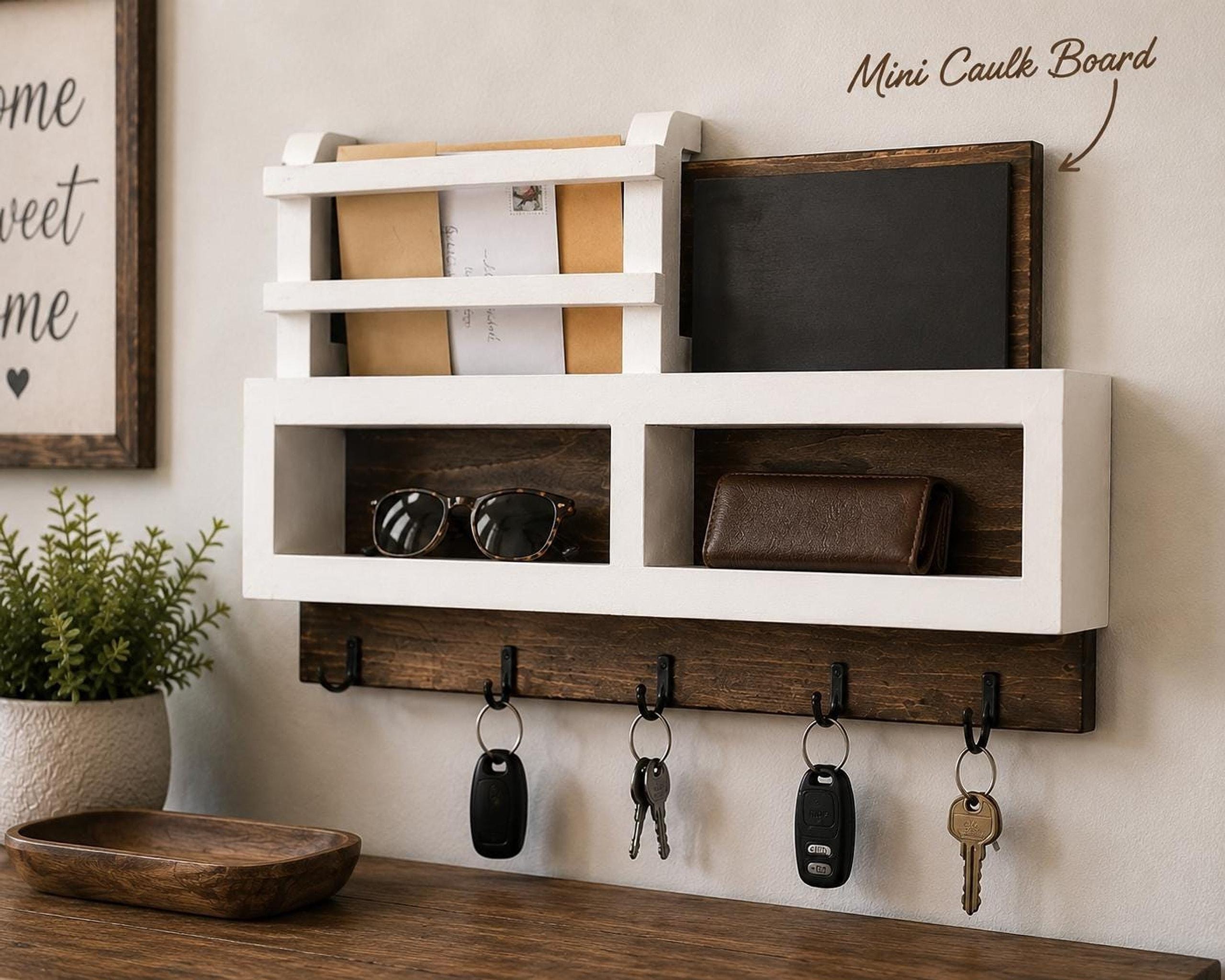 Wooden Key Holder, Farmhouse Wall Organizer with Shelf and Mail Rack, view 13