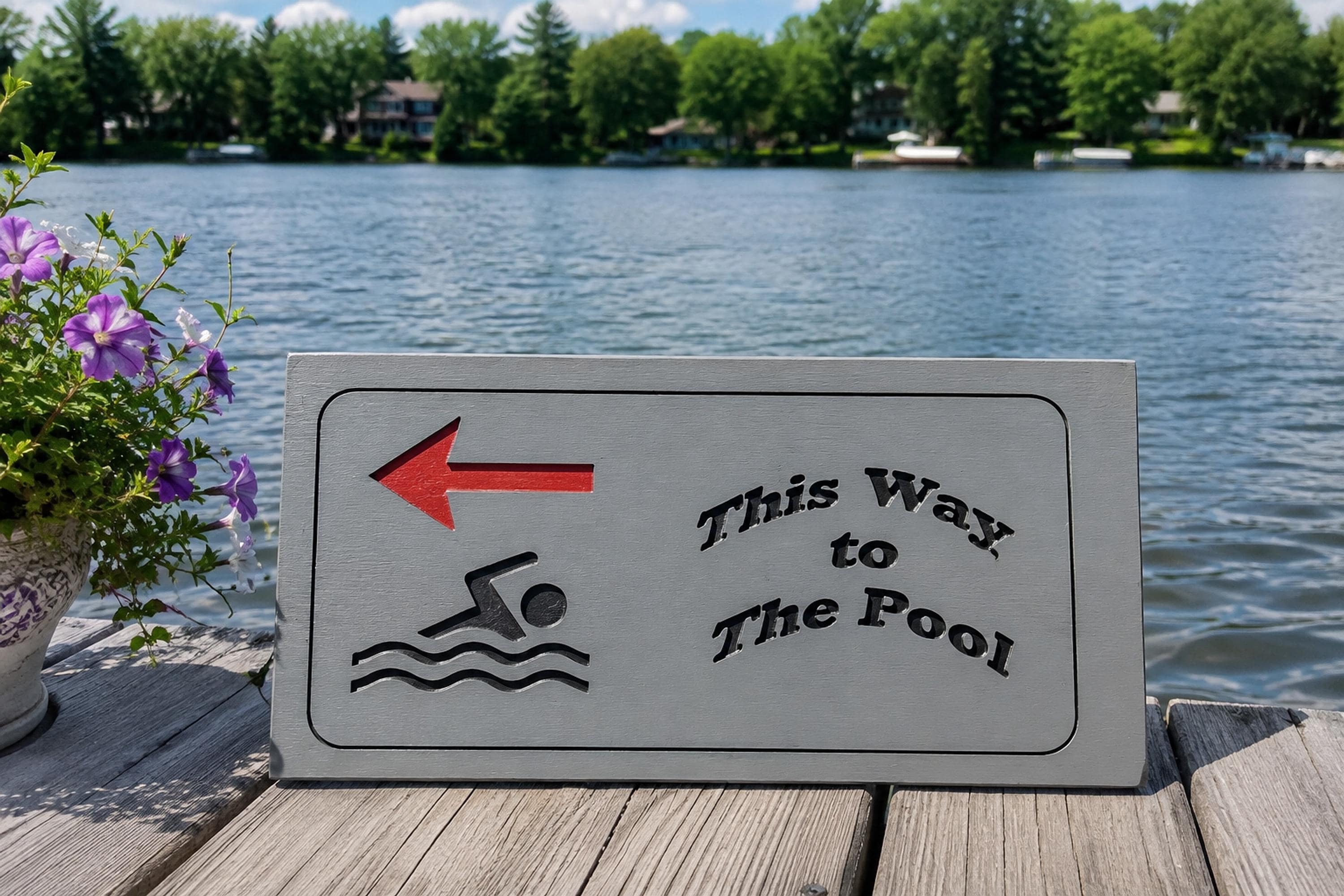 Directional Sign, Pine Pool Marker with Red Arrow and Swimmer Graphic