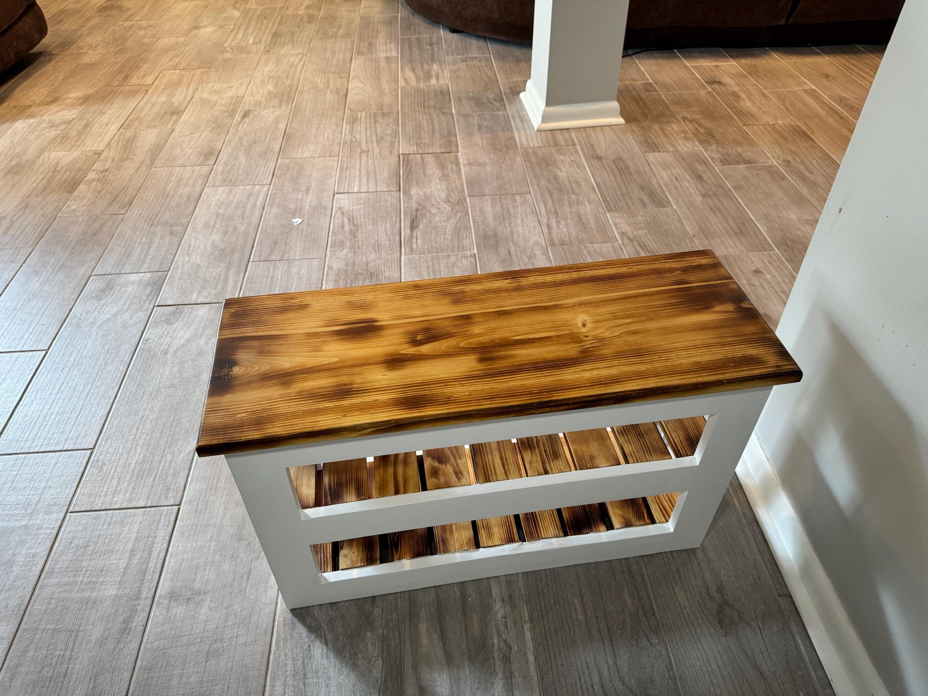 Mudroom Bench, Solid Wood Seat With Two Shoe Shelves | White Farmhouse Frame, view 7