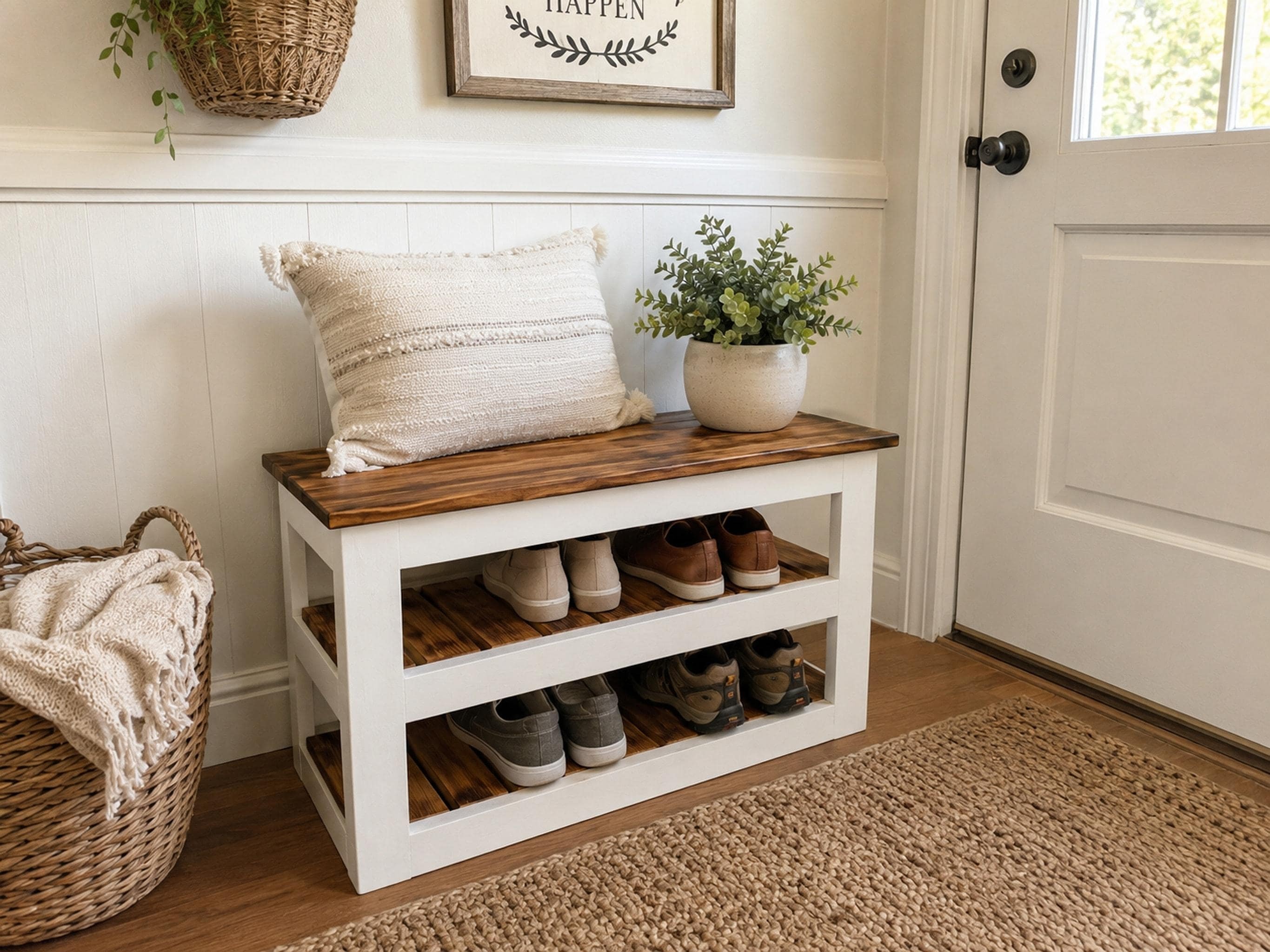 Mudroom Bench, Solid Wood Seat With Two Shoe Shelves | White Farmhouse Frame