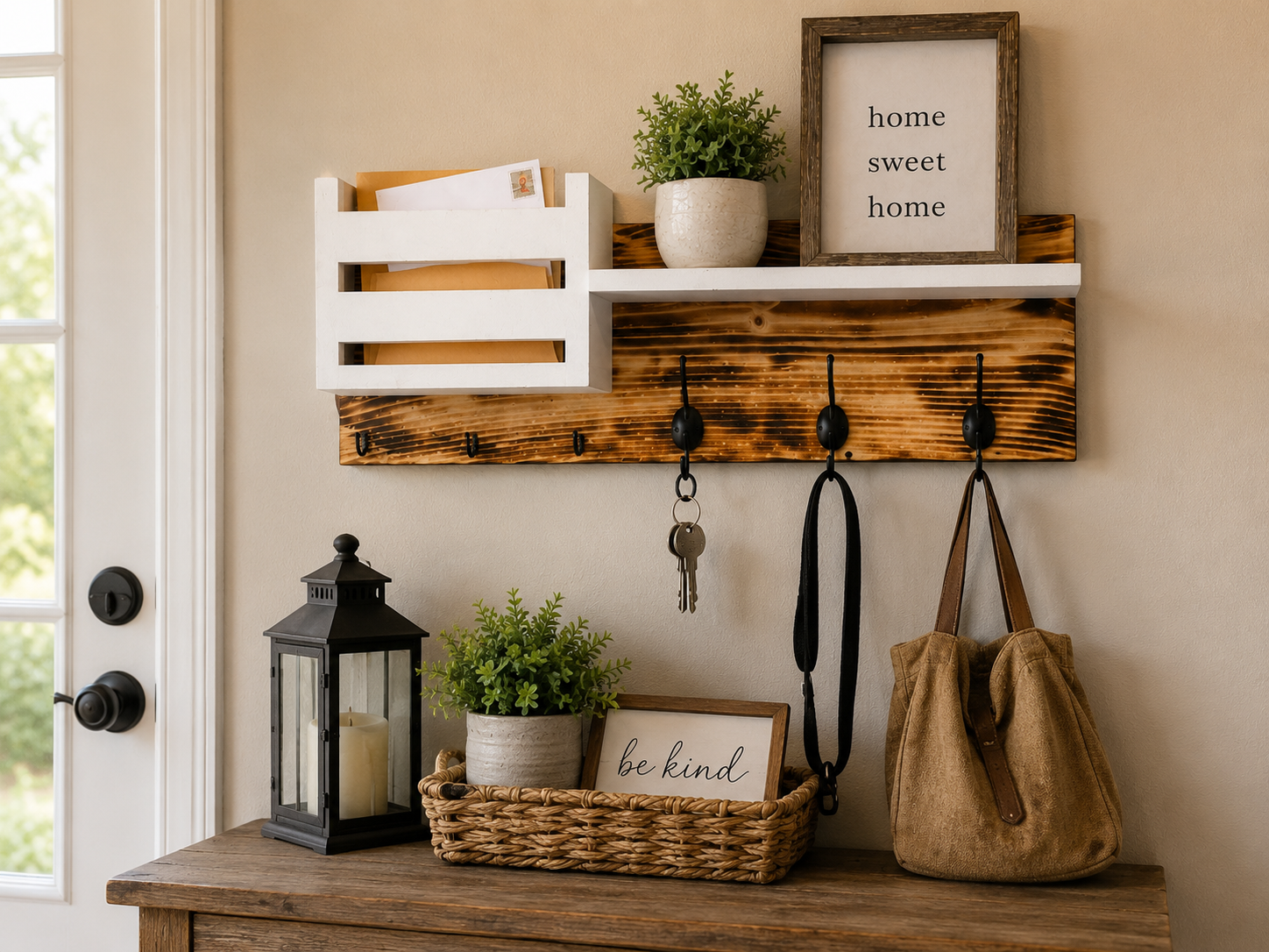 Rustic Entryway Organizer with Mail Holder, Shelf & Hooks, view 2