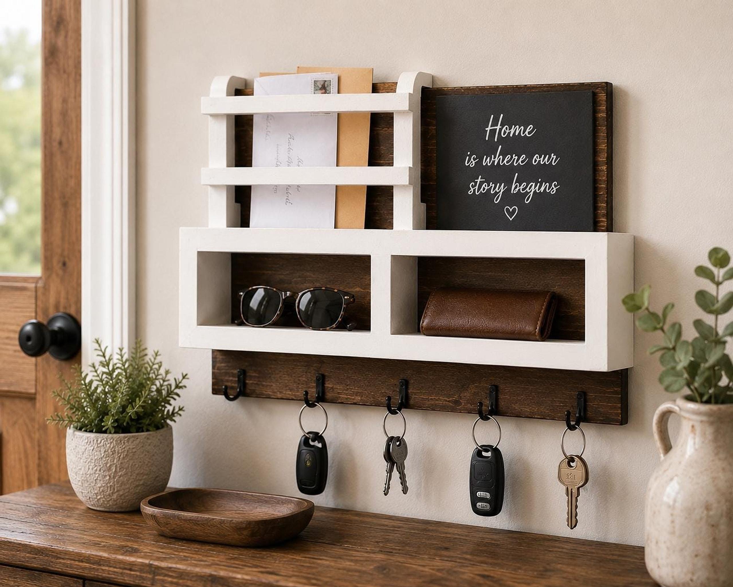 Wooden Key Holder, Farmhouse Wall Organizer with Shelf and Mail Rack, view 14