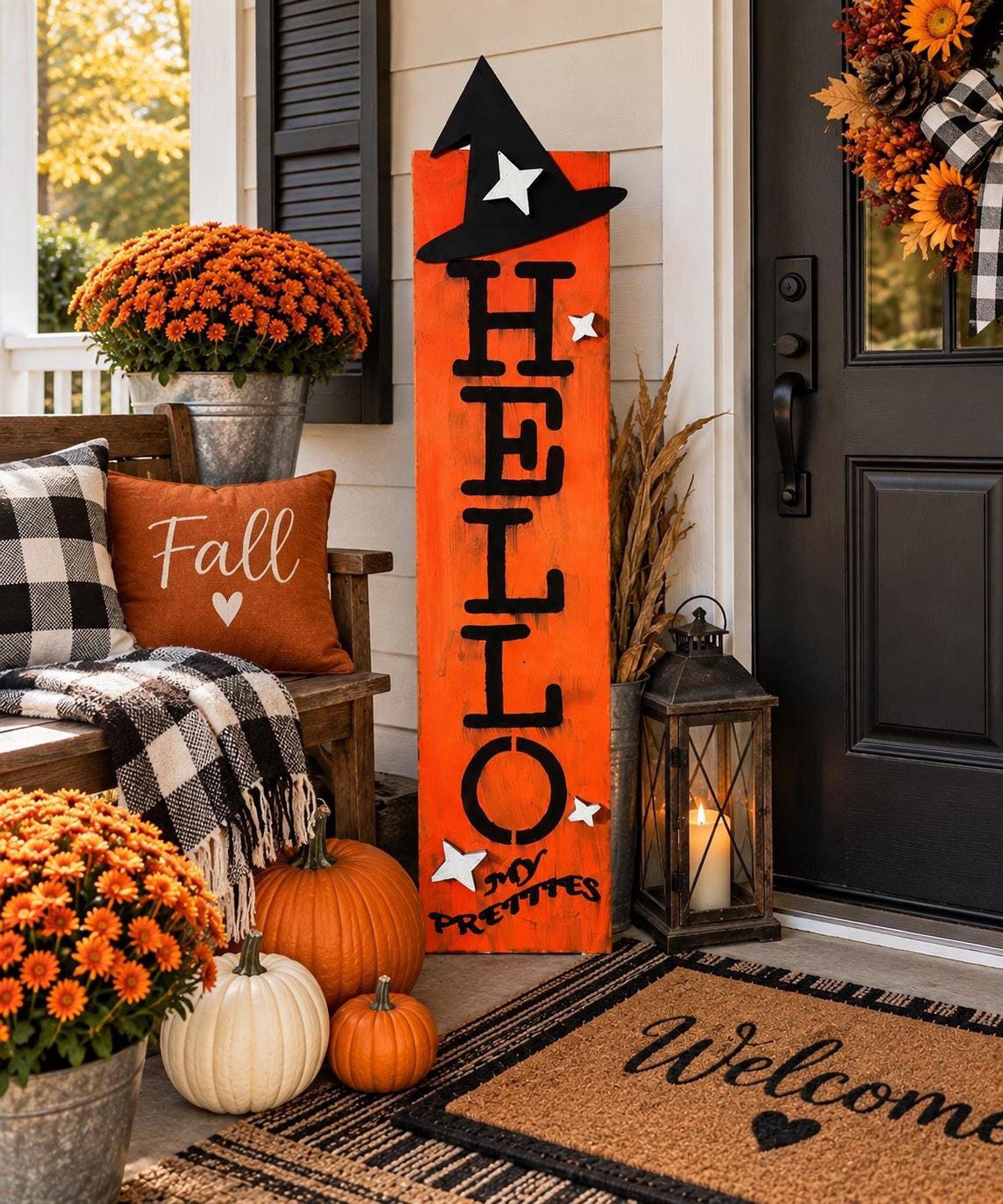 Witch Porch Sign, 50-Inch Solid Pine Orange Halloween Leaner, view 2
