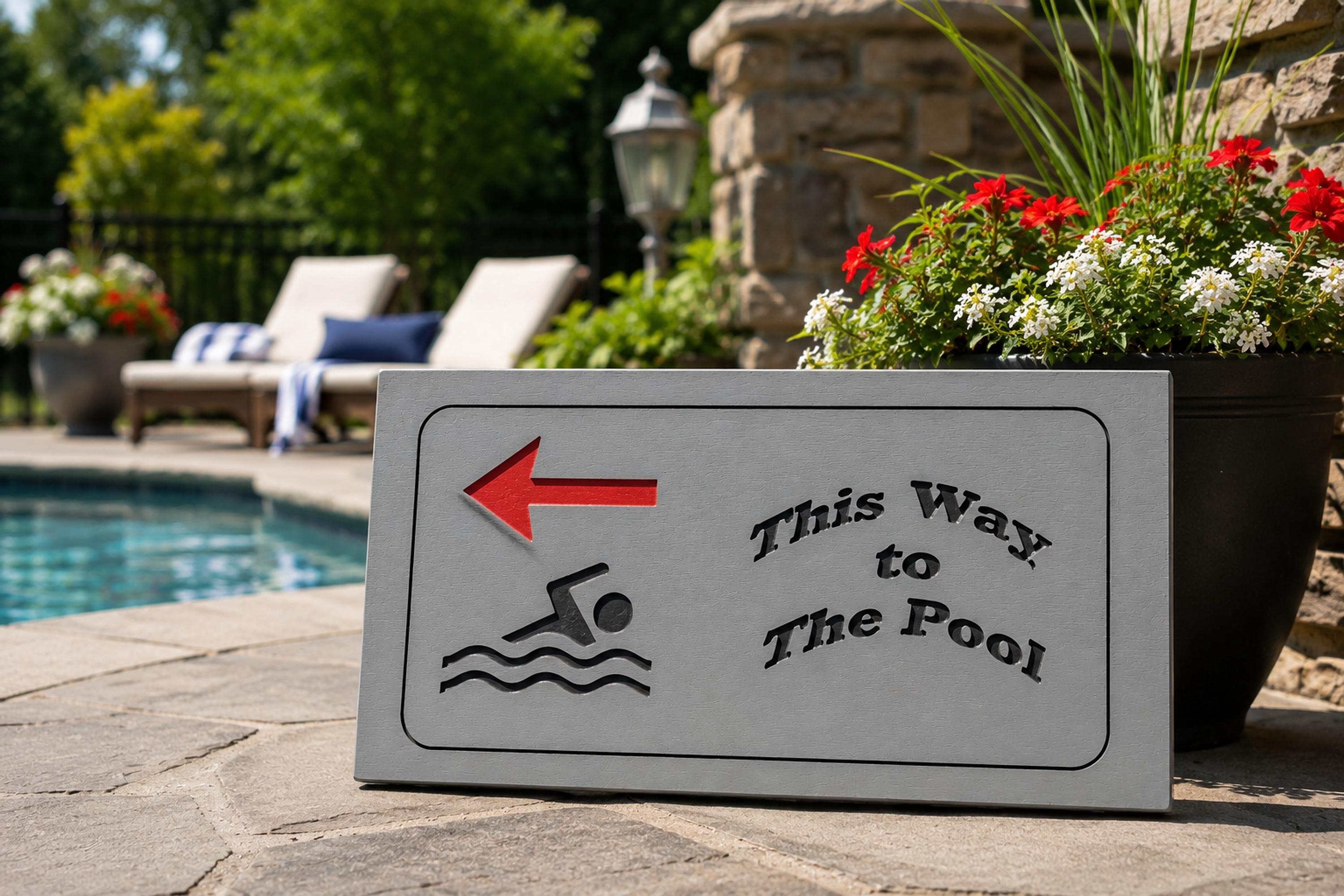 Directional Sign, Pine Pool Marker with Red Arrow and Swimmer Graphic, view 2