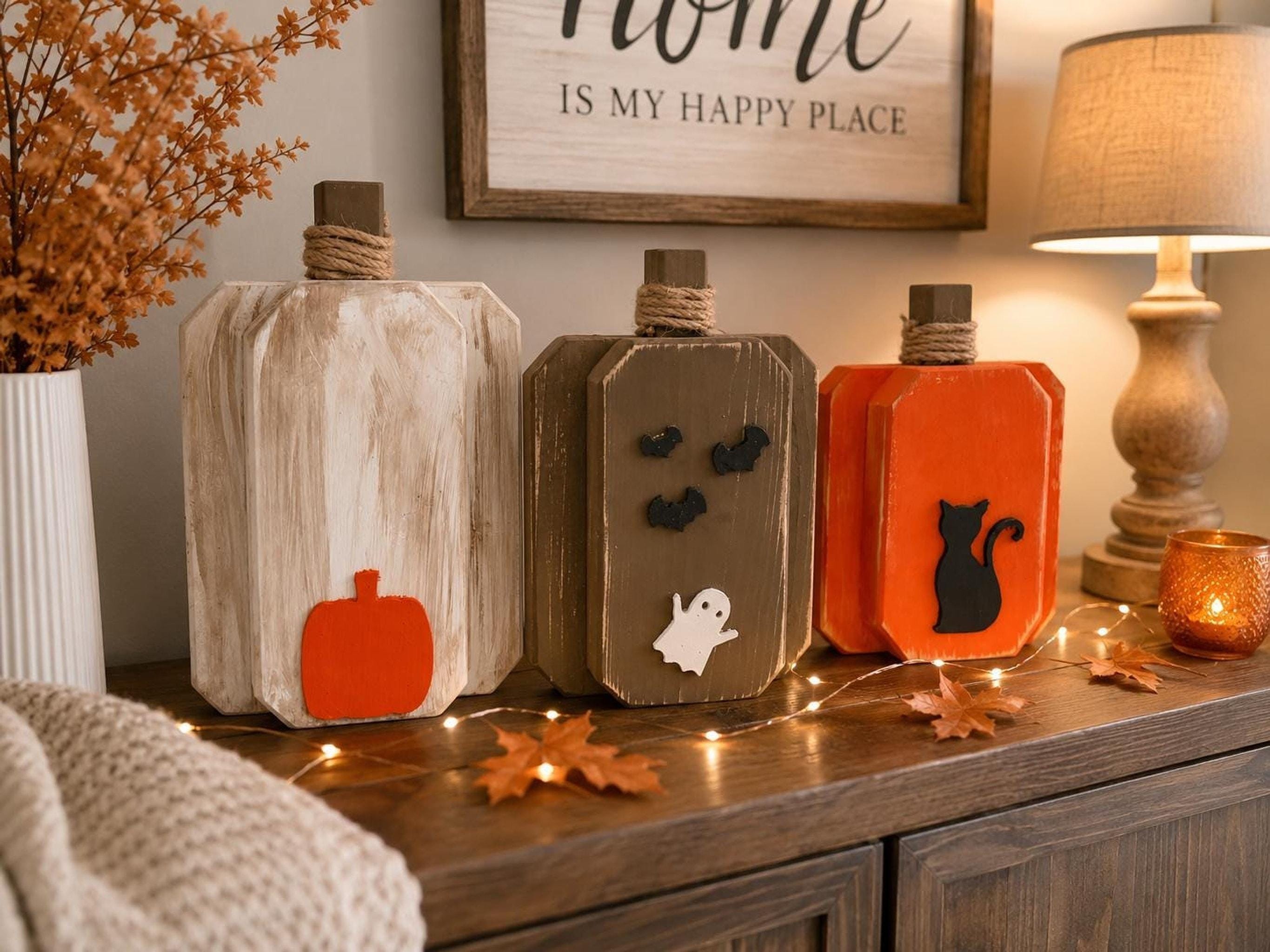 Wooden Pumpkin Set of 3, Rustic Fall Decor With 8–12 Inch Sizes