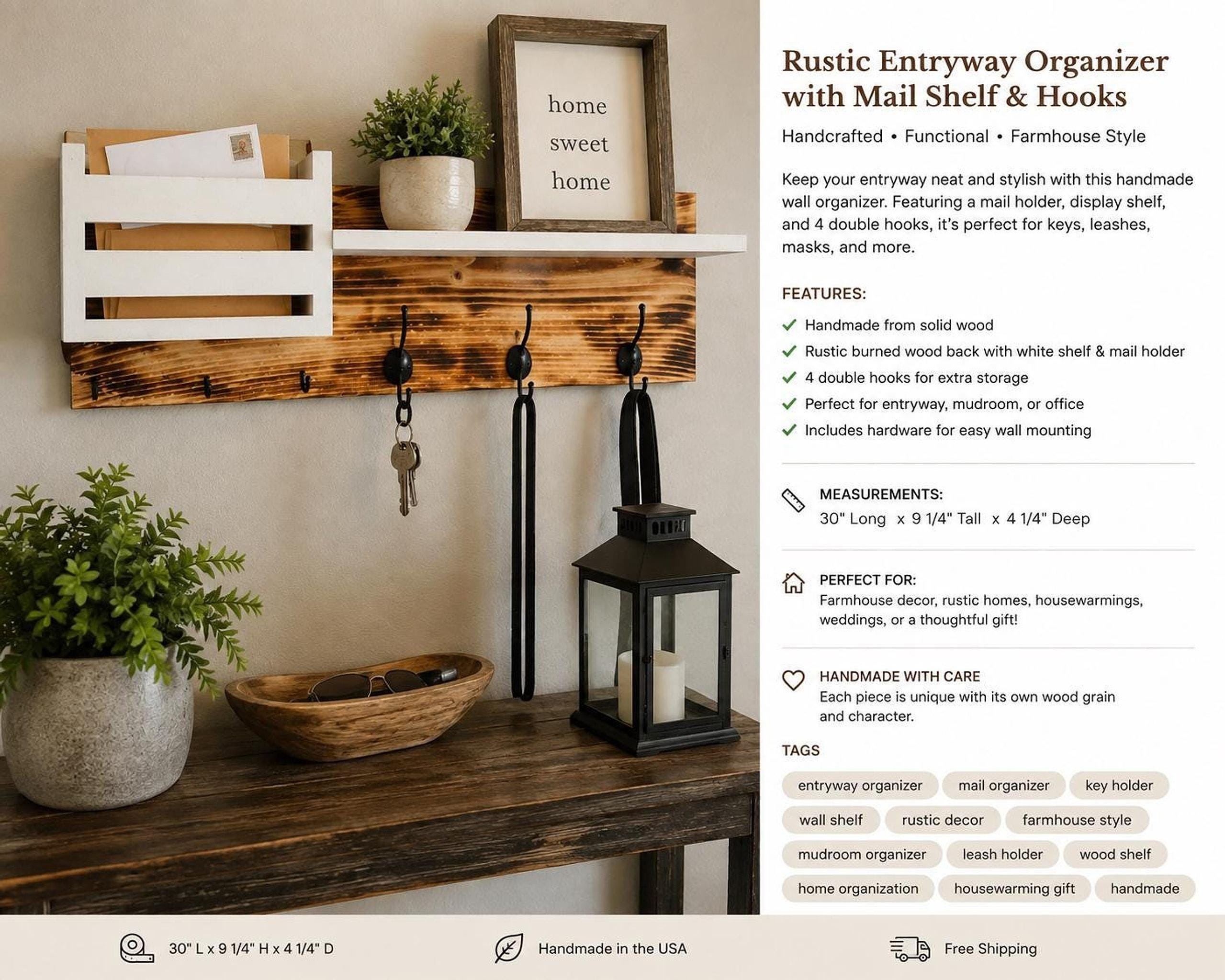 Entryway Organizer, Solid Wood Mail Holder With Key Hooks