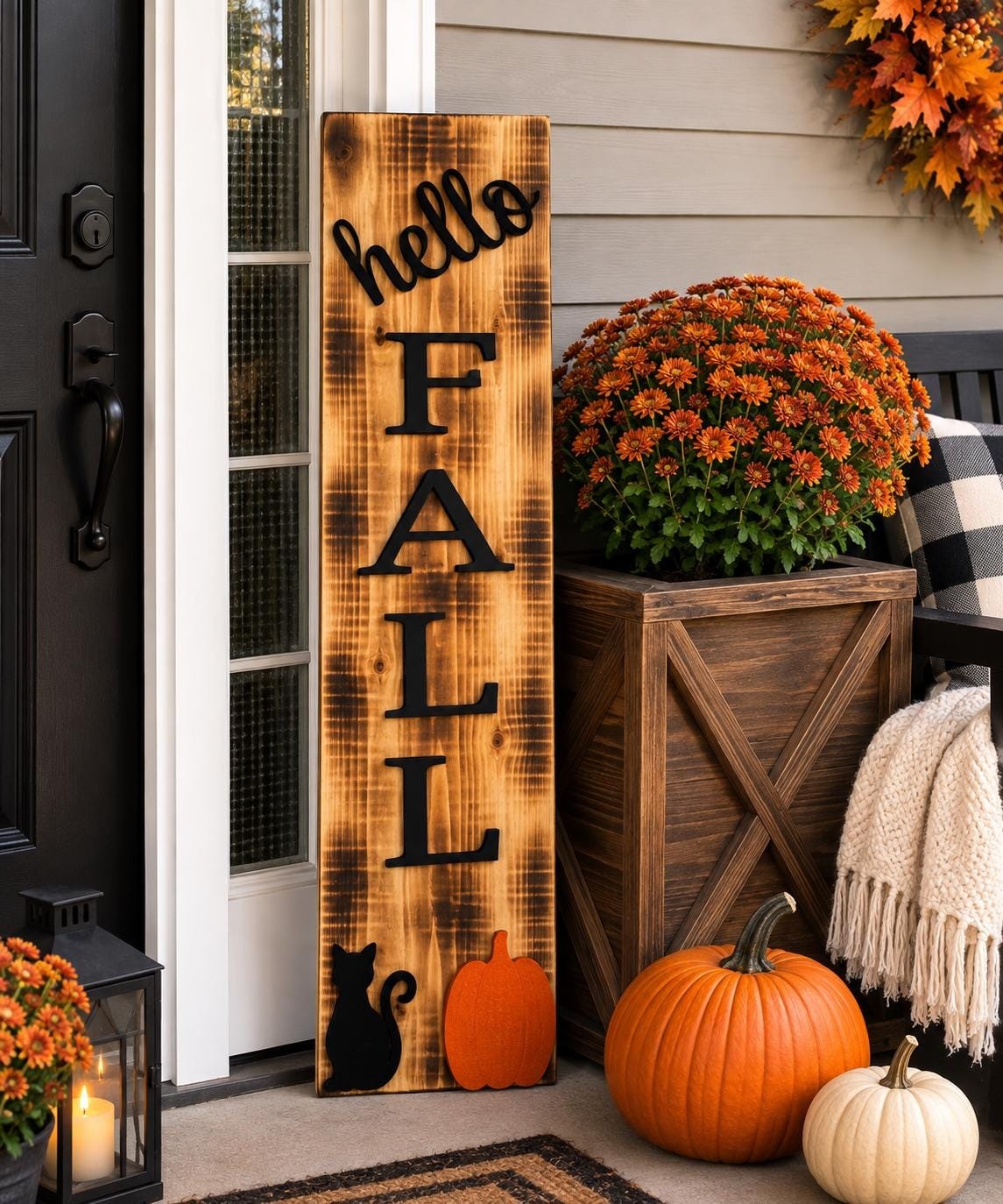 Mudroom Bench Sign, Rustic Wooden Porch Decor with Recessed Black FALL Lettering, view 13