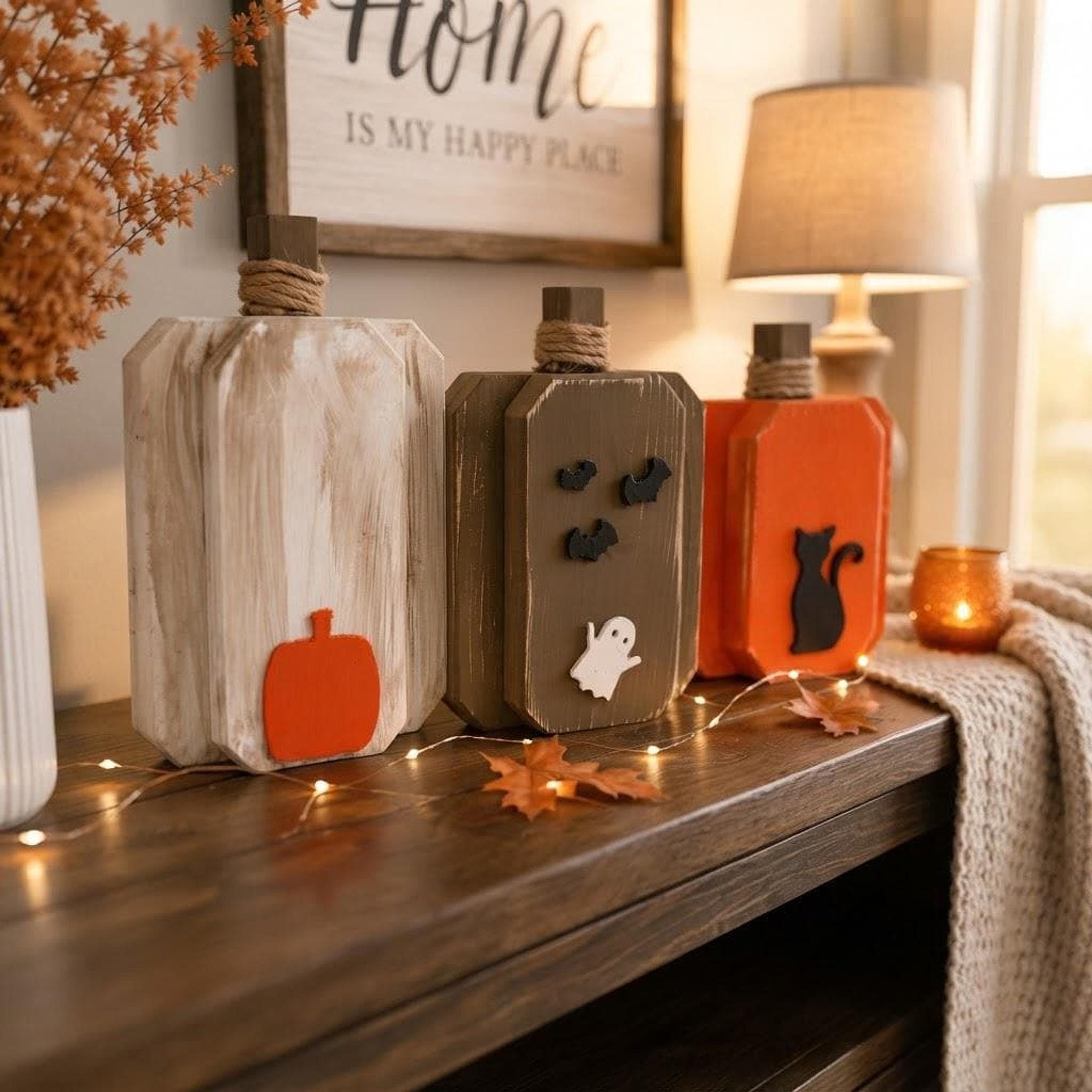 Wooden Pumpkin Set of 3, Distressed Farmhouse Fall Decor with Jute Rope Stems, view 9