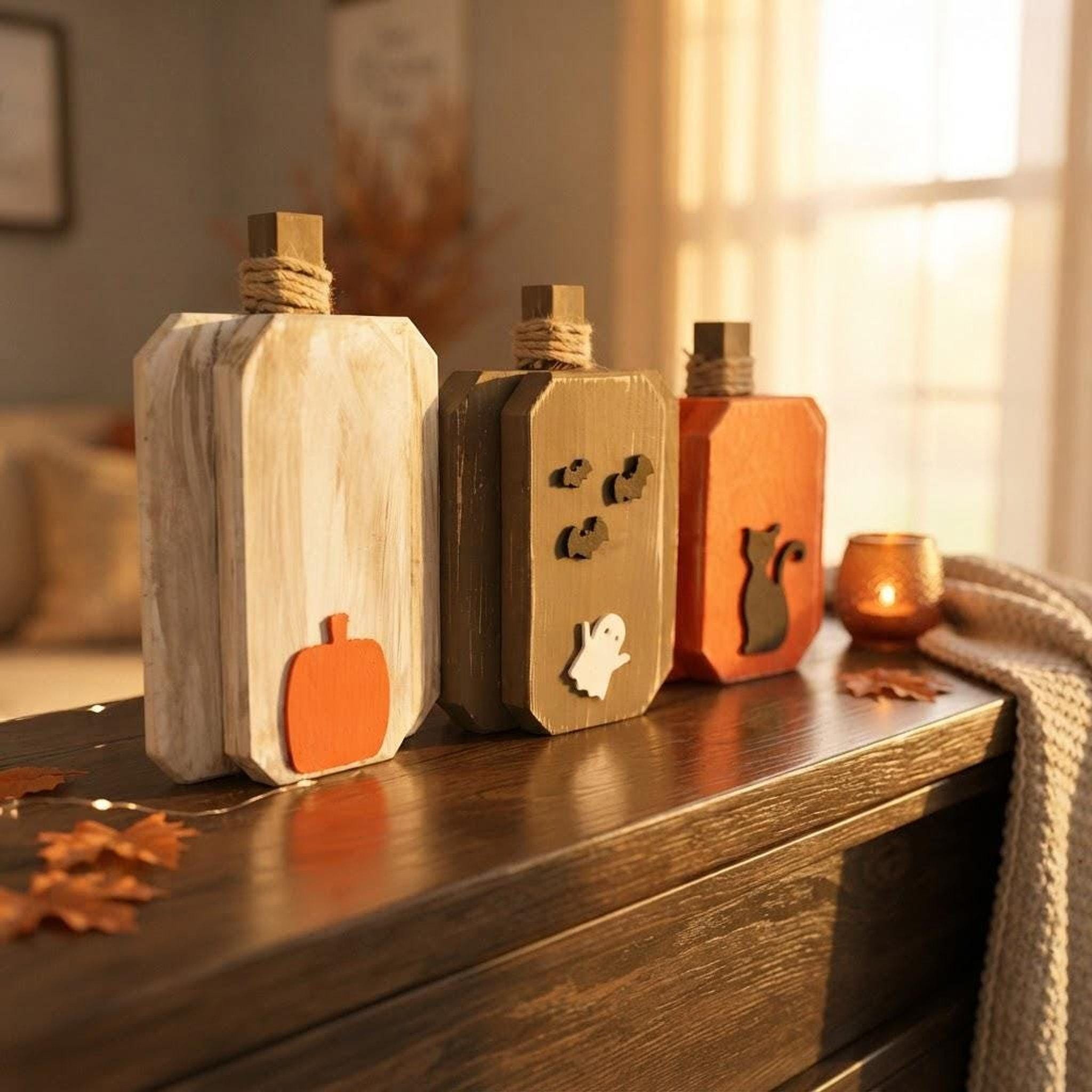 Wooden Pumpkins Set Of 3, Rustic Halloween Decor with Jute-Wrapped Stems, view 8