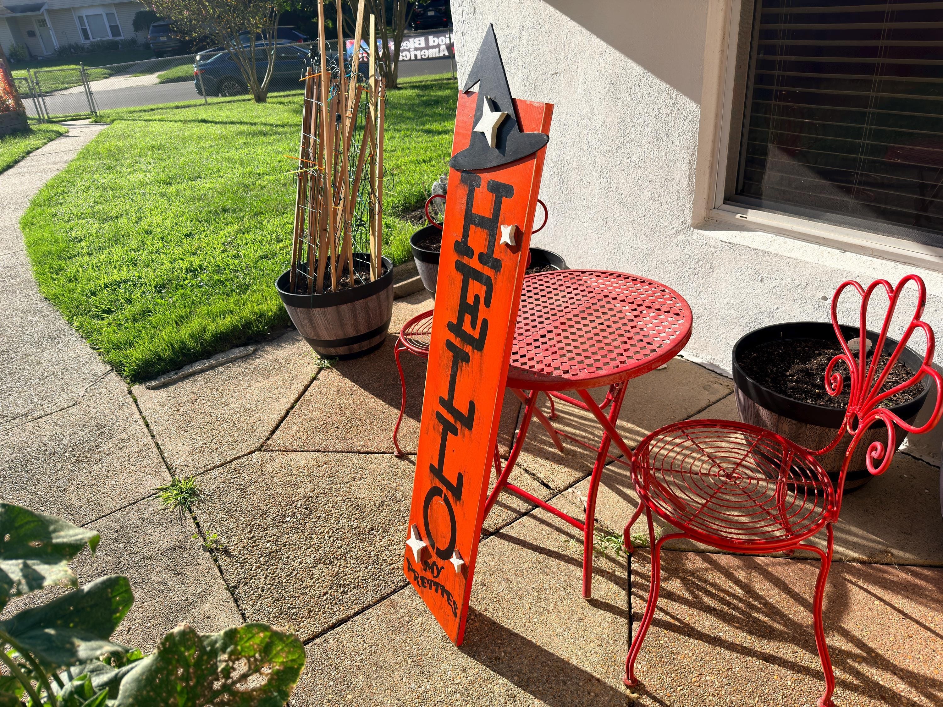Witch Porch Sign, 50-Inch Solid Pine Orange Halloween Leaner, view 6