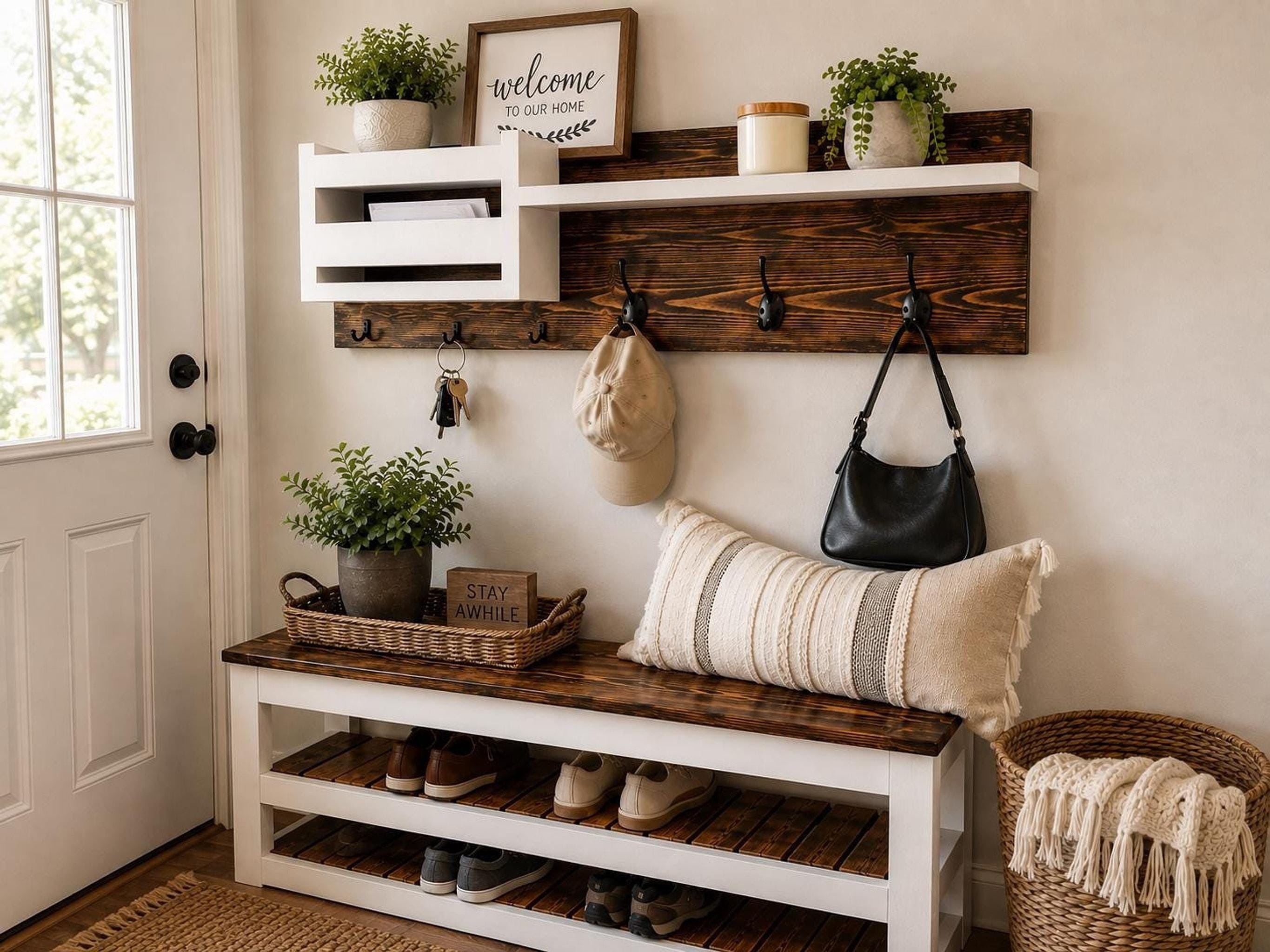 Rustic Bench, White Frame, Solid Wood Seat with Two Open Shelves, view 6