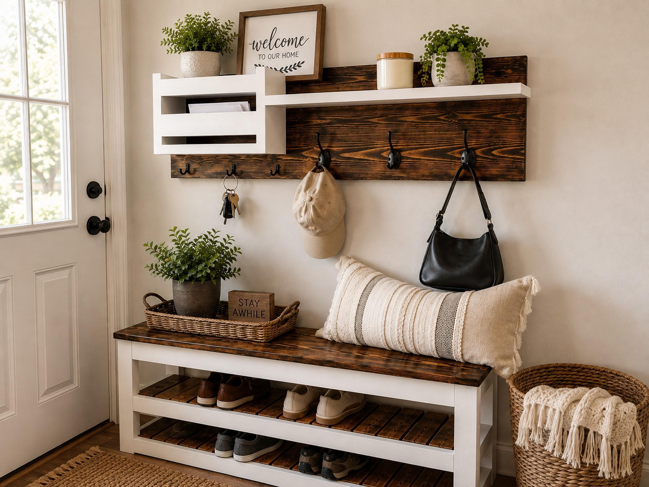 Mudroom Bench, Solid Wood Seat With Two Shoe Shelves | White Farmhouse Frame, view 4