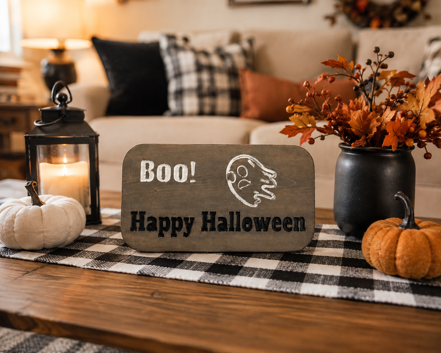 Wood Halloween Sign, Grey Ghost Plaque | 8″ x 16″ x 3/4″ Rustic Decor