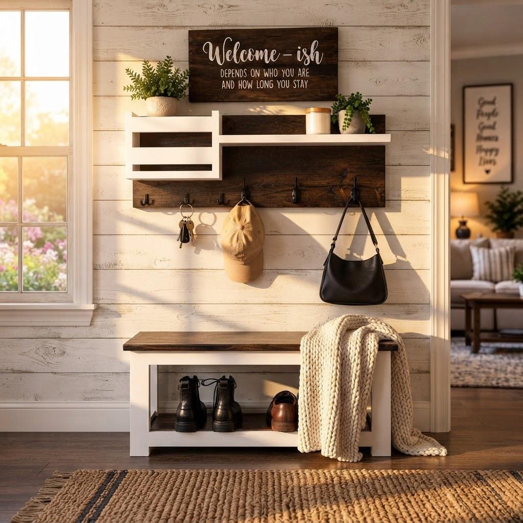White farmhouse mudroom bench and wall organizer set