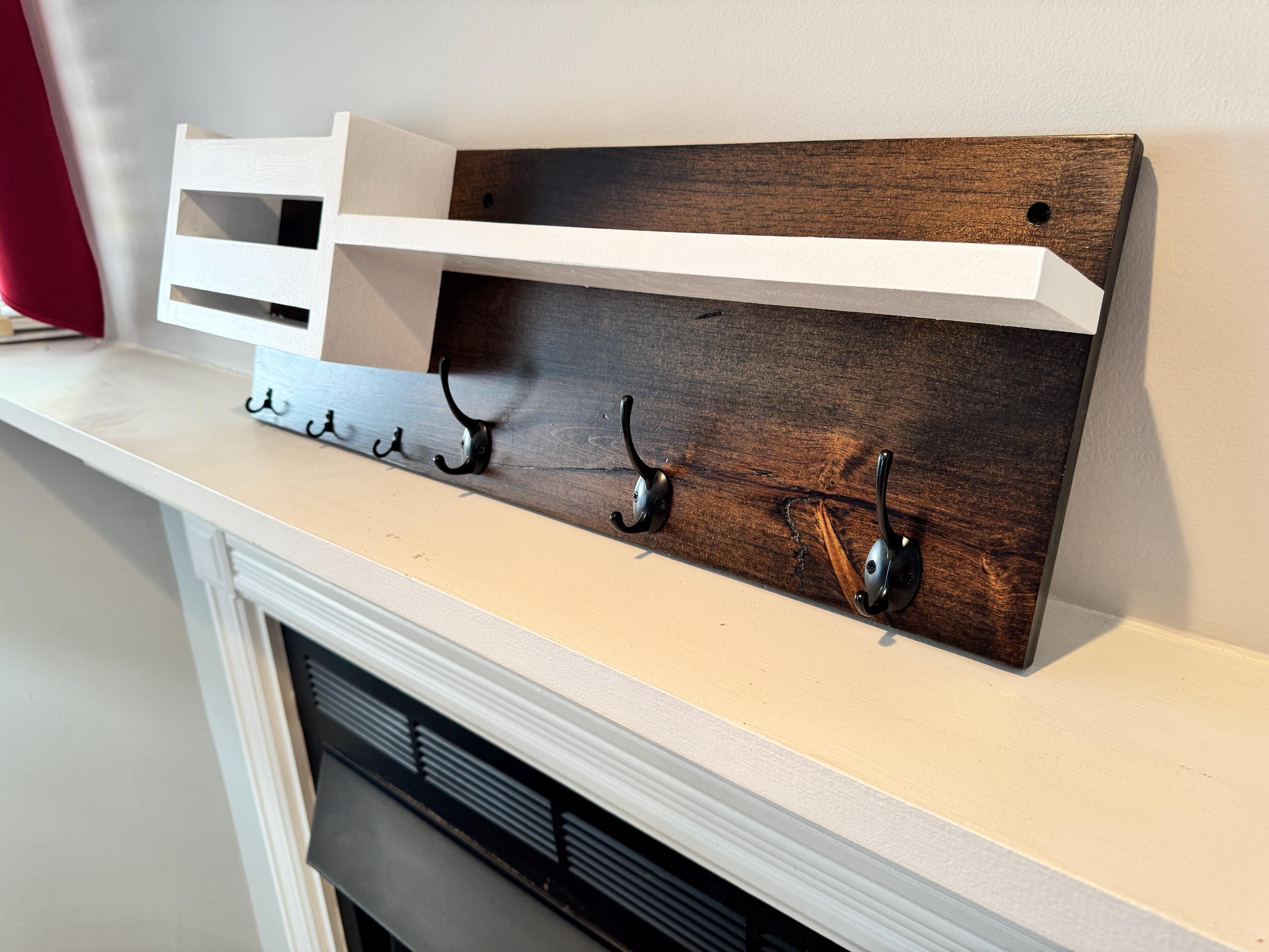 Wall Mounted Shelf, Walnut-Stained Solid Wood Entryway Organizer with Mail Holder and Hooks, view 4
