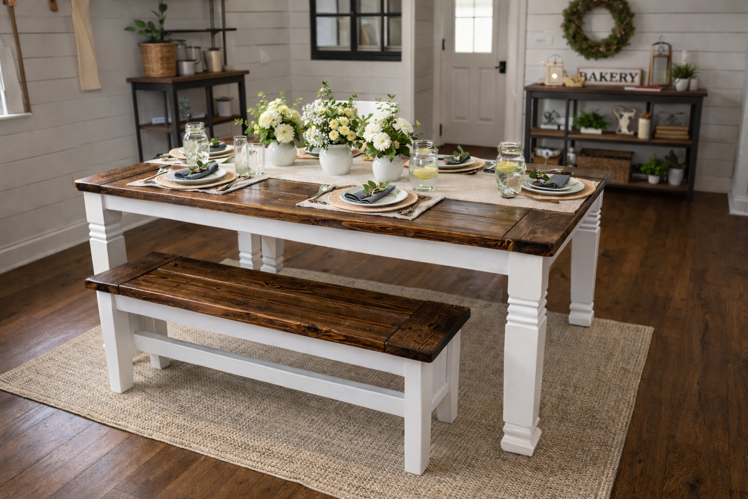 Rustic Farmhouse Table with 2 Benches – Durable Custom Wood Dining Set