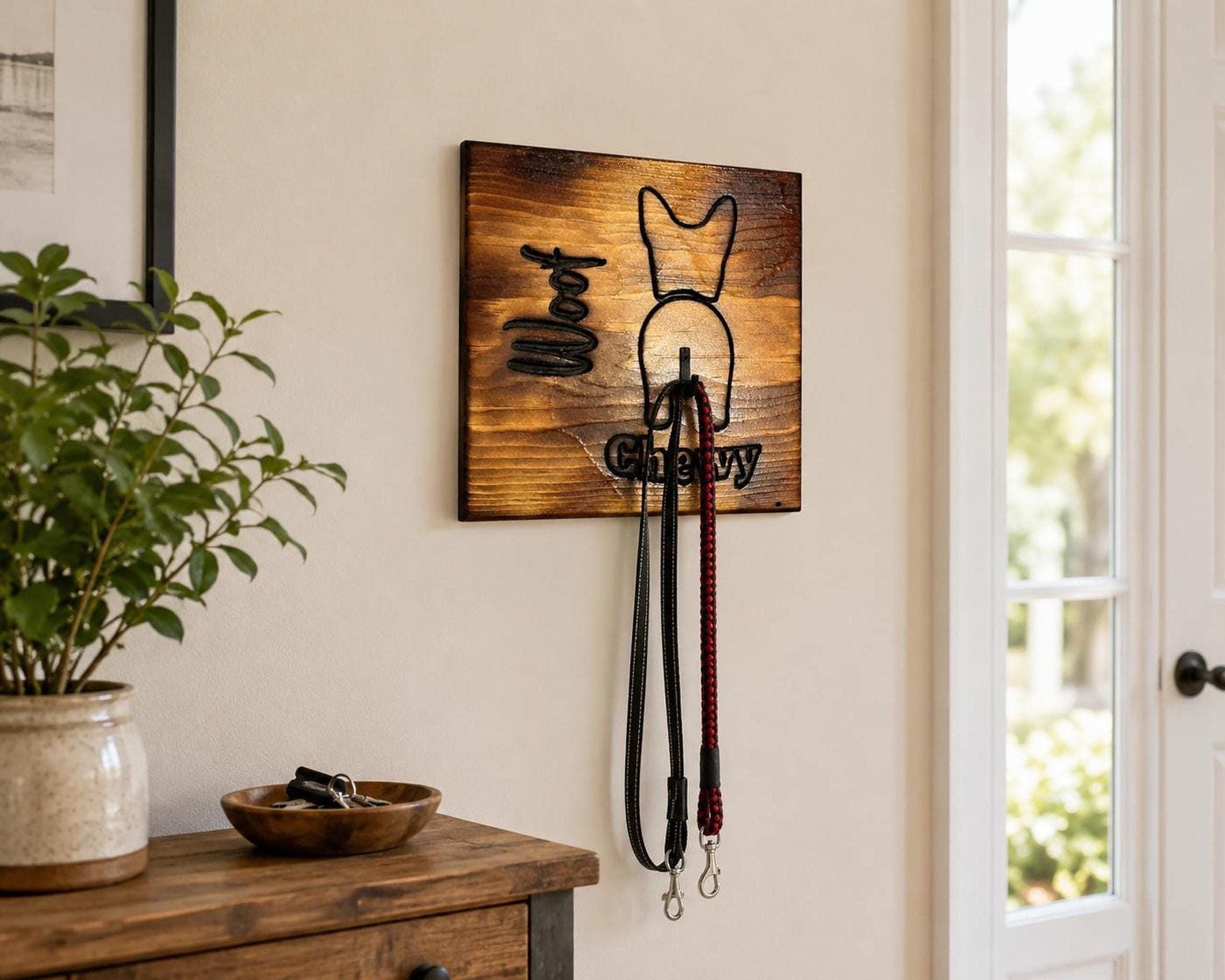 Personalized Dog Leash Holder, Rustic Wood Entryway Organizer, Custom Name Hook, view 6