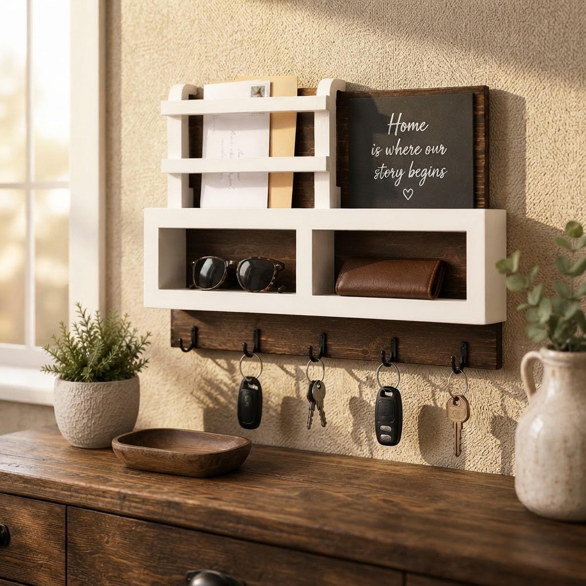 Rustic Key Organizer, Pine Wall-Mounted Mail Storage with Chalkboard, view 13